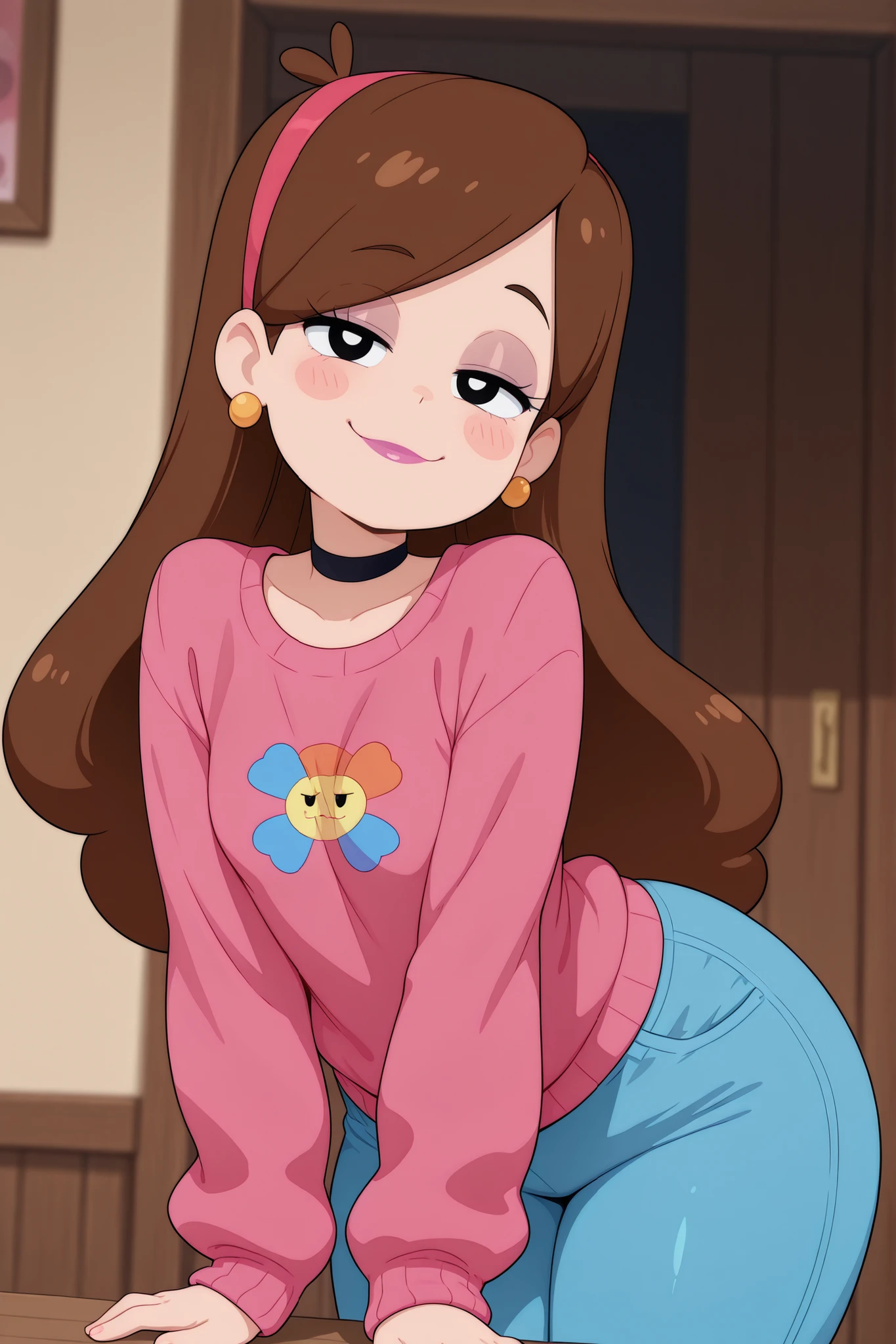 Mabel Pines, blush stickers, brown hair. black eyes. half-closed eyes, small breasts, huge hips. long eyelashes, choker. | 1girl,solo,mm,mature female, earrings,lipstick,anime coloring, pink sweater,pants,looking at viewer, smile,indoors,masterpiece,best quality,amazing quality,