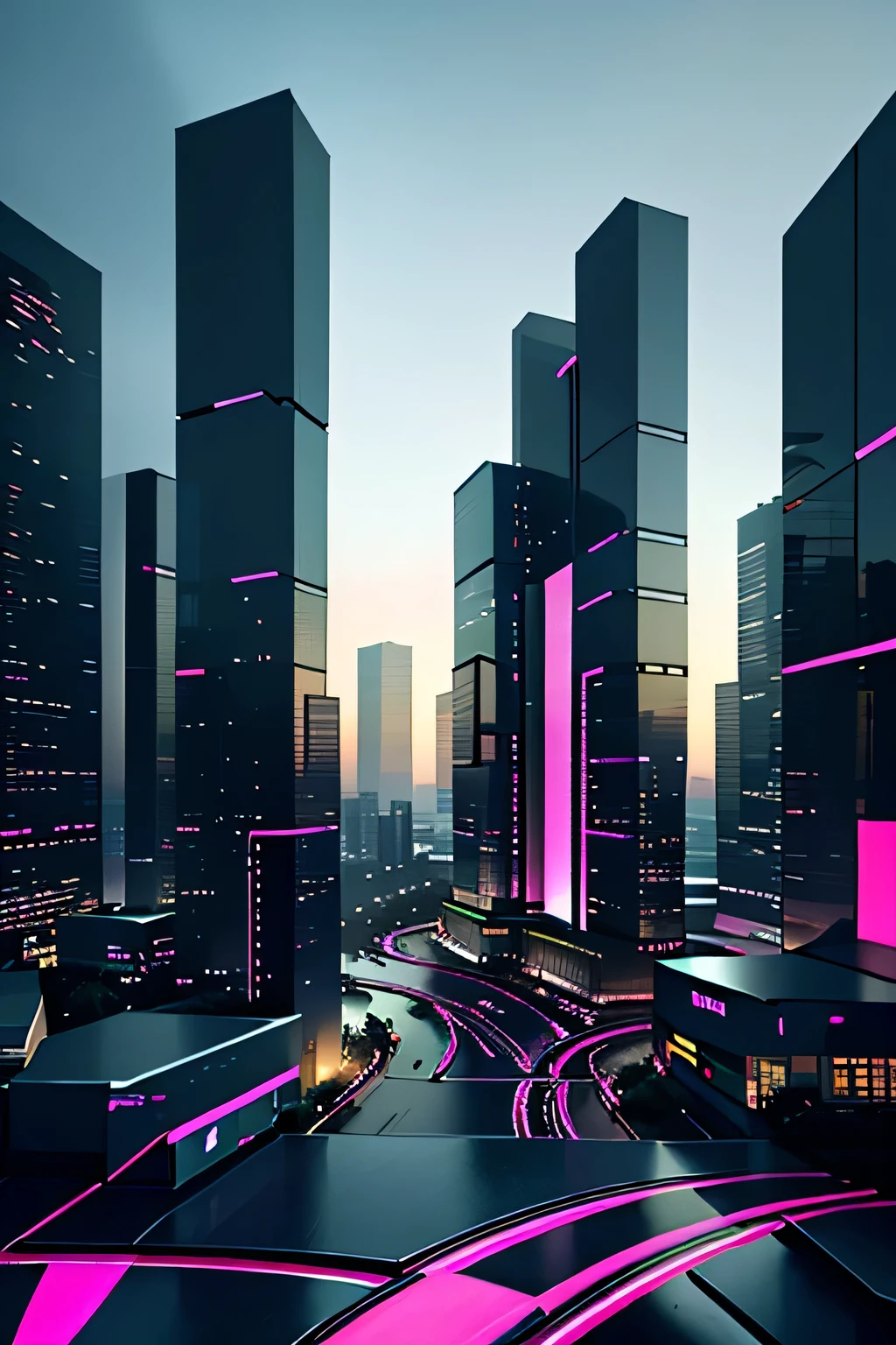 A single 7-story modern building standing alone at night.
On the rooftop, a large glowing pink neon sign with the word "Arte".
The facade is sleek glass and metallic panels, reflecting the neon glow.
The design looks like an ordinary office building from afar, but up close it feels secretive and mysterious, with faint glowing lines across the walls.
The entrance has wide glass doors framed by cold marble.
Dark empty background, no people, no other buildings, no cars, no objects.
Only one isolated building, cyberpunk noir style, neon glow, high detail, realistic textures, dramatic perspective.