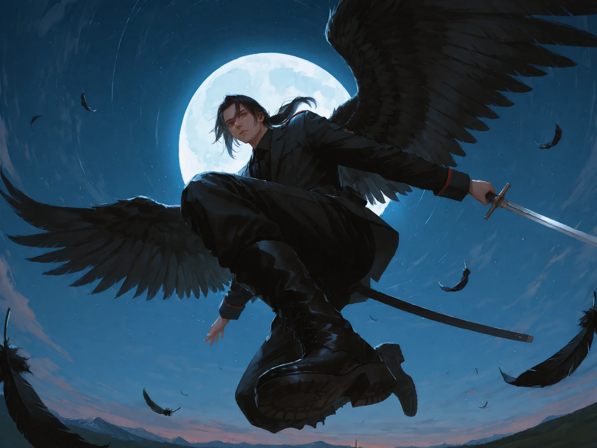medium shot, from below, perspective, male focus, makes an aesthetic, looking at viewers, Master piece, Best Quality, ultra detailed, a handsome man, (man:1.6), solo, (male:1.6) long hair, (male:1.6) black hair, low pony-tail, black military suits, black boots, black wings, holding a sword, arm spread, jumping and falling down, action pose, night sky, moon, (feathers:1.3), (fantasy world:1.6),somewhat realistic appearance, drawn on style, sketched style, visible shading strokes, semi-realistic features, detailed shading, painting shading