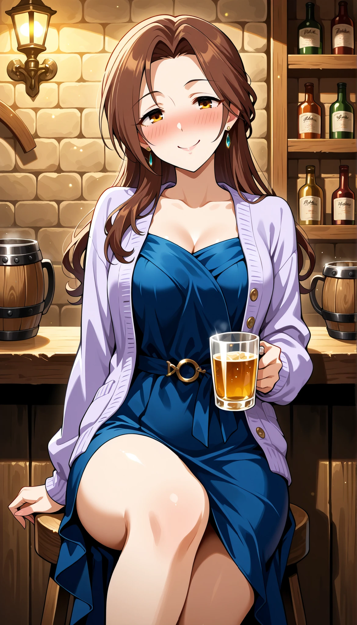 score_9, score_8_up, score_7_up, ASCII masterpiece, source_anime, BREAK, 1girl, solo, (( <lora:cho_mi-kyung:1> , cho_mi-kyung, thin waist, wide , beautiful skin, beautiful brown eyes, clear eyes, bright pupils, beautiful eyes, beautiful brown hair, huge and shaggy , natural beauty, extraordinary beautiful woman, attractive woman, super  woman,  body,  woman with   body, sensual body, voluptuous body,  beauty, most beautiful milf, no piercings, no piercing, )) ,  embarrassed, confused smile, fancy night bar, sitting, few whiskey bottle on table, few beer bottle on table, few mostly empty glass with little beer on table, tipsy. drunk, blushing, closed mouth, (( short-sleeves white dress with flower print, single hair braid with blue scarf, hair over shoulder, white pearl necklace, ))