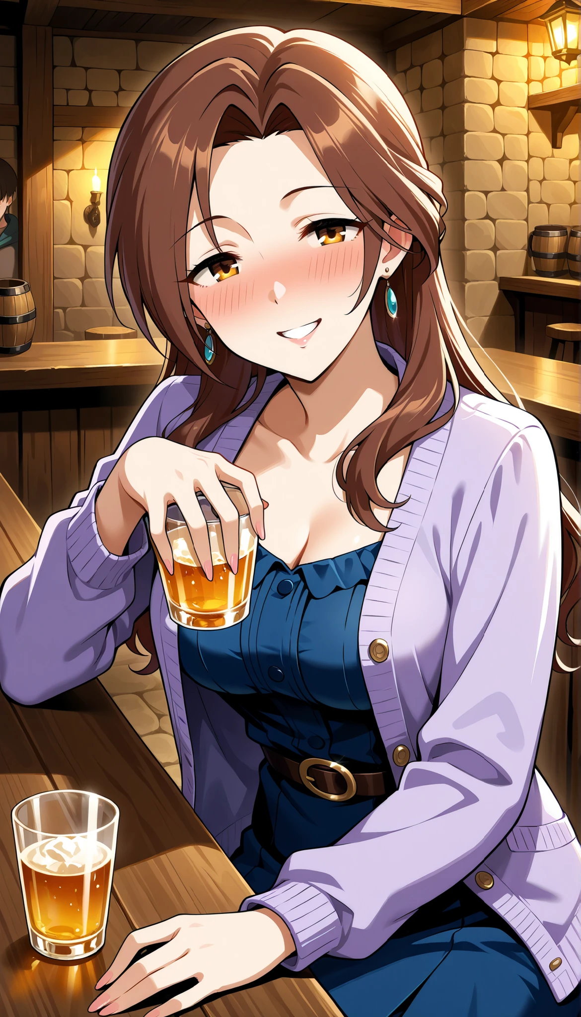 kawashima_mizuki, brown hair,long hair,parted bangs,tareme , medium breasts,Drinking at a tavern, getting drunk, smiling, blue dress, purple cardigan, Ulchan-6500-v1.1, ( RAW photos :1.2),  beautiful detailed , very detailedな目、beautiful eyes, beautiful eyes、 Brown eyes, file size is large, High Resolution, very detailed, Top Quality, [masterpiece:1.6], Awareness-raising, very detailed, CG, finely, Top Quality, 8K wallpaper, Perfect Body 、dynamic,very detailed
