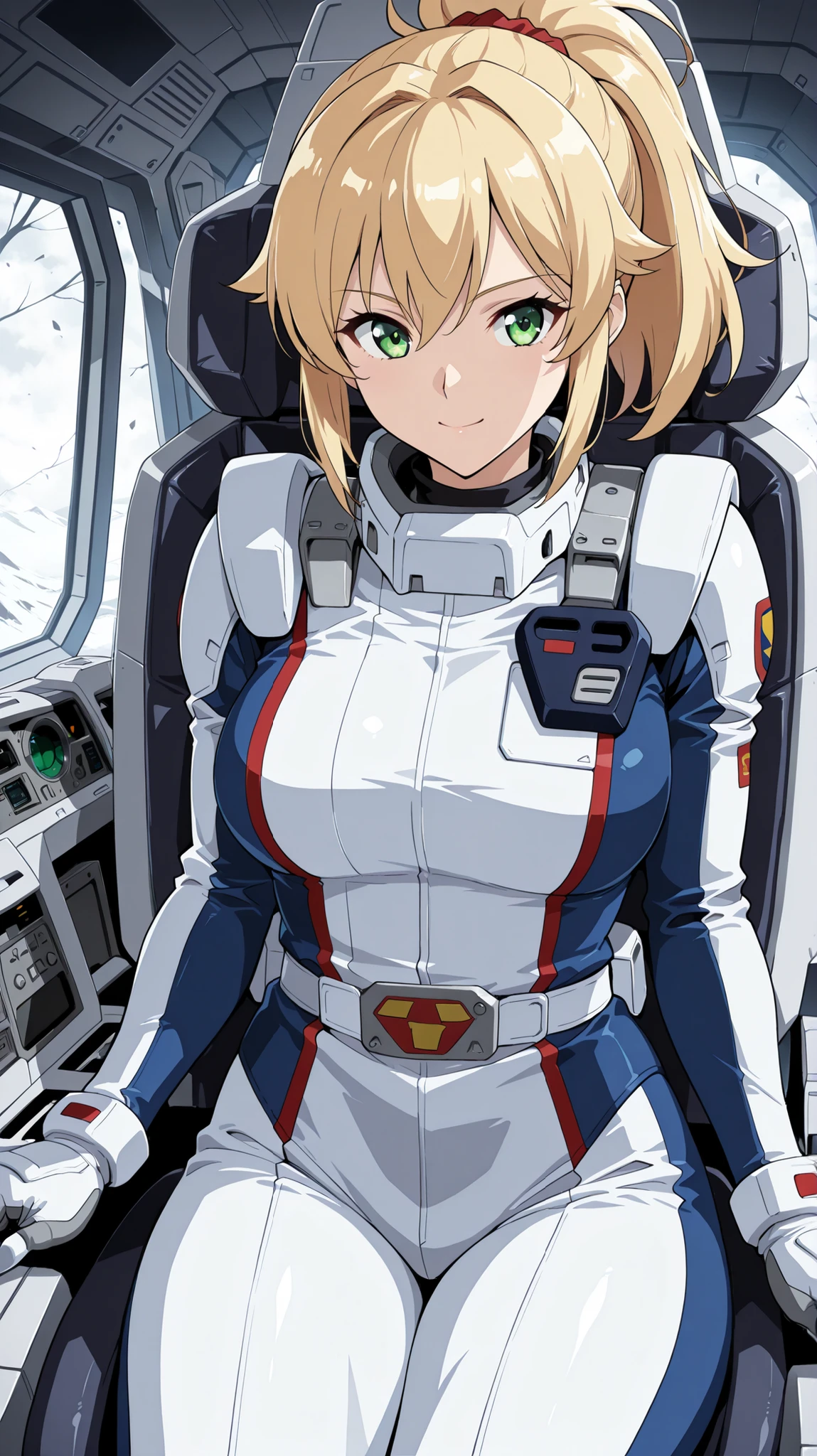 (anime style,8k,super high resolution, masterpiece, Highest Quality, details: 1.3), ((fully blown off))),Bright mood、(((((BIG BREASTS:0.7)))))、beautiful eyes、green eyes、Blonde,ponytail、Also々 watch、beautiful lashes on my chest、Beautiful Girl、I'm wearing an Earth Federation Army normal suit,One Woman,cowboy shot in a dirty abandoned house,Robo combat cockpit、sitting in the cockpit 、 コックピットをAlsoぐ