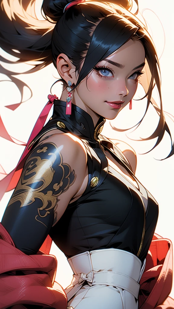 ((masterpiece:1.4)), high quality, very_high_resolution, large_filesize, full color, heavy outline, clear outline, colorful, (beautiful detailed eyes), ((beautiful face:1.0)), ((boyish face:1.4)), 1 girl, (femaleranma), (red hair), short hair, (braided ponytail), ((bangs)), bumpy bangs, blue-gray eyes, big breasts, curvy, femaleranma, braided ponytail, (red chinese clothes), sleeveless, tangzhuang, black pants, , standing, upper body, ((from front:1.4)), ((portrait:1.8)), ((face focus:1.4)), (smug face),　　(masterpiece, 8K, highest quality, Very detailed, 1 mature woman), (Consistent personality, Same character), (Blonde Hair, Yellow Eyes), (Very detailed face and skin texture, Fine grain), Wicked Smile, Large Breasts, alone, (Maid), White Background,  shoulders, Captivating smile, (Multiple Views, multiple angles), Side view, Front view, look up, Looking down, Rear view, 20-degree head view