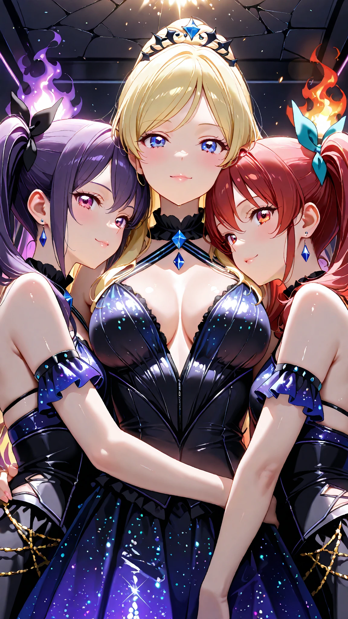 princess group,(((3 young adult women,beautiful woman))), (in the bedroom), Various hair styles, harem, He wore a rococo ball gown to look elegant... Decorated with long shapes, fluffy skirt.,Beautiful rococo style evening gown with amazing details... Finished off with a long skirt with large pleats...，, nighttime, detailed face, , short skirt, mule, Sleeveless , Show your armpits, nighttime, starry nighttime，((???????????)), ???????????มาก，ear ?????? ring，side waist slit，tight，((side ?????))，trousersชั้นในลูกไม้，trousers，((big ????))，(pubic bone)，