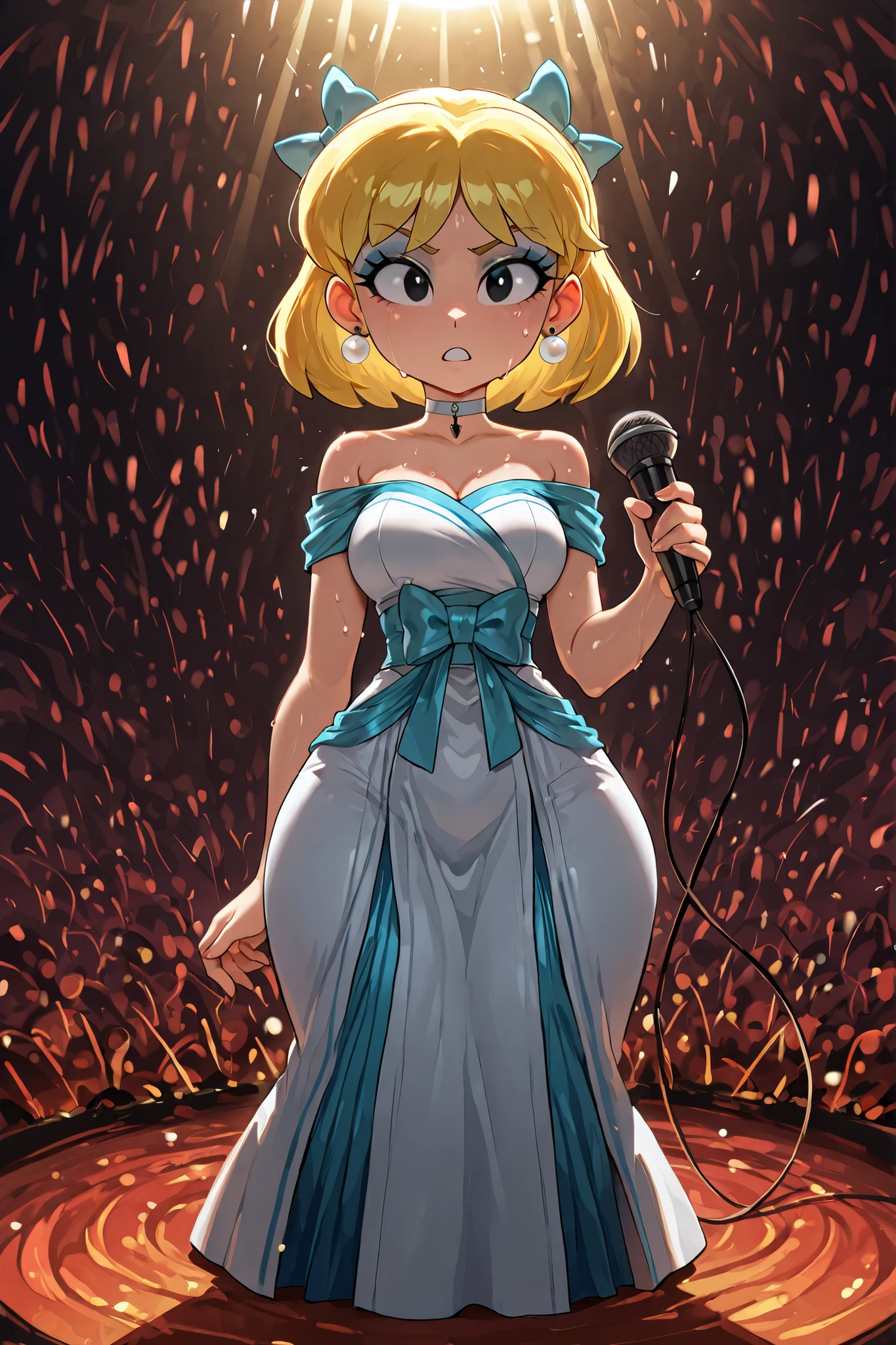 Lori Loud. , huge , blonde hair, black eyes, blue eyeshadow, pearl earrings, white earrings. choker.|  masterpiece, very aesthetic, absurdres, sinfully stylish, dramatic lighting, soft light, long shadows, detailed, ultra-detailed, masterpiece, very aesthetic, absurdres, perfect quality, absolutely eye-catching, best quality, intricate details, high-res,anime, anime, 1girl, bow, idol dress, japanese dress, long skirt, japanese-idol-outfit, idol stage,microphone , open eyes , sweat, hell dress, hell background
