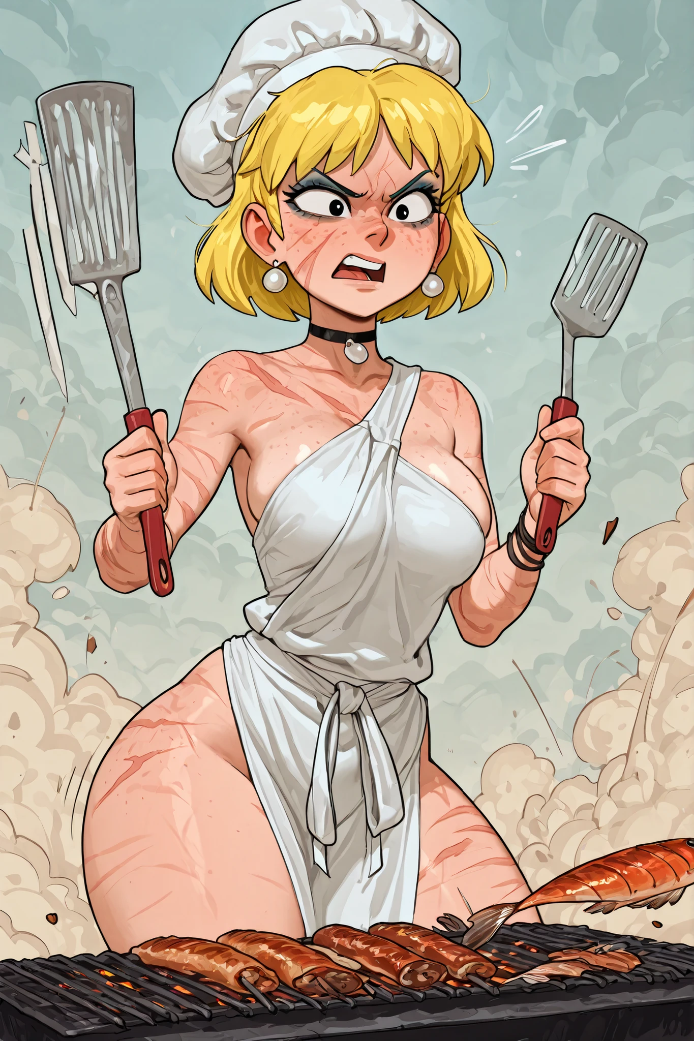Lori Loud. medium breasts, huge hips, blonde hair, black eyes, blue eyeshadow, pearl earrings, white earrings. choker.| masterpiece, best quality, incoth, (incase:0.6), (dynamic:1), stylized, 1girl, detailed face, freckles, tribal_outfit, (scars), angry, chef hat, grilling fish, spatula,