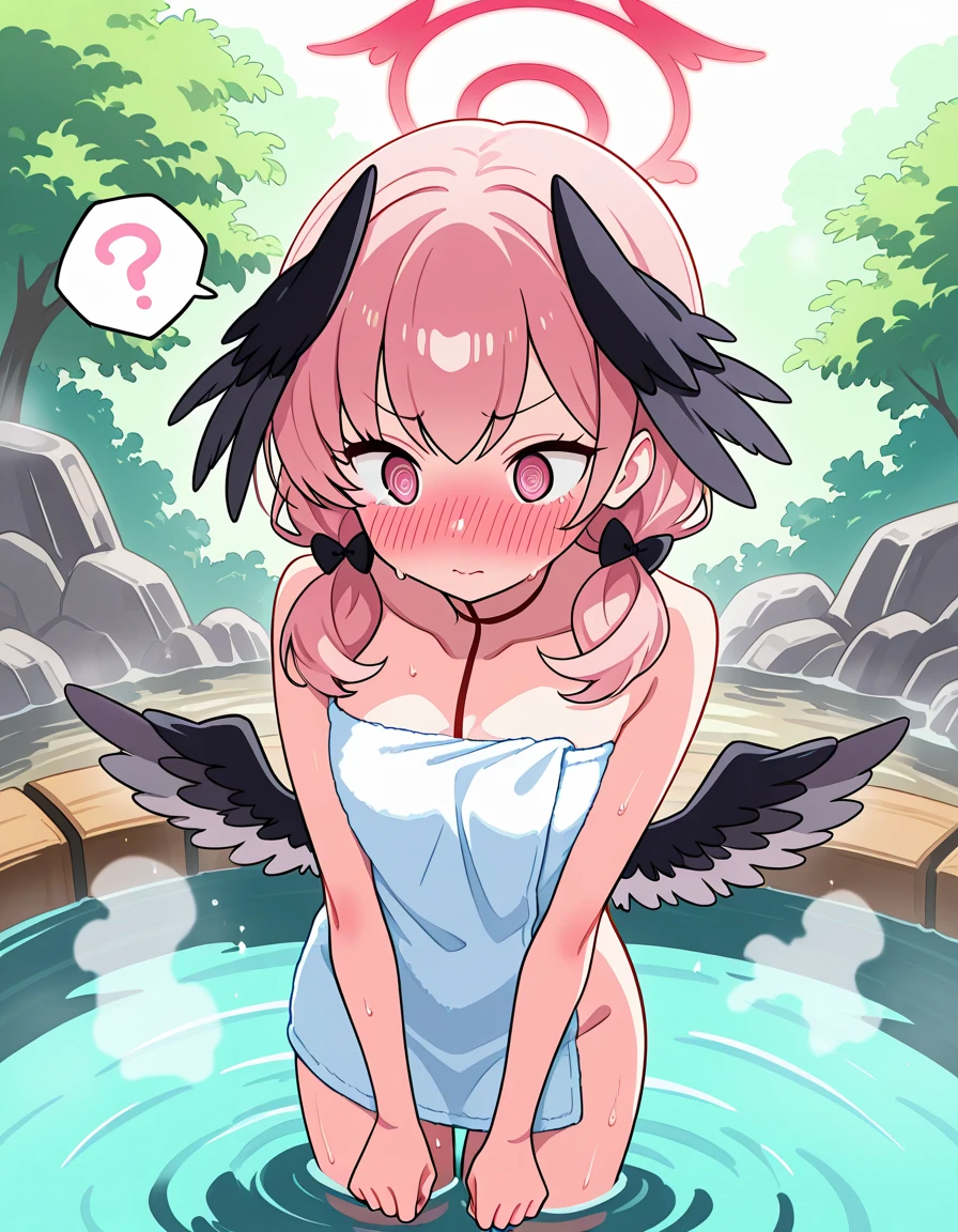 score_9, score_8_up, score_7_up, Source_anime,
Koharu Shimoe has a , Shimoe Koharu , medium hair, pink hair, pink eyes, low twin tails, twin tails, halo, 羽毛のwing, head feathers, nude, Naked,multiple wing,,黒いwing, ((((((((nude,Naked Towel)))))))), winged, wing,((,I don't wear anything)),
((Hot Springs,an open-air bath,Hot Springsの中,部分的にwater没した, water)),standing,((solo)),((((((((((hypnosis)))))))))),(((pink eyes))),((fainted)),(spoken question mark,),((spiral eyes)),((@_@)),,,((Blush,,Astonishment,Blush,shy look)),standing