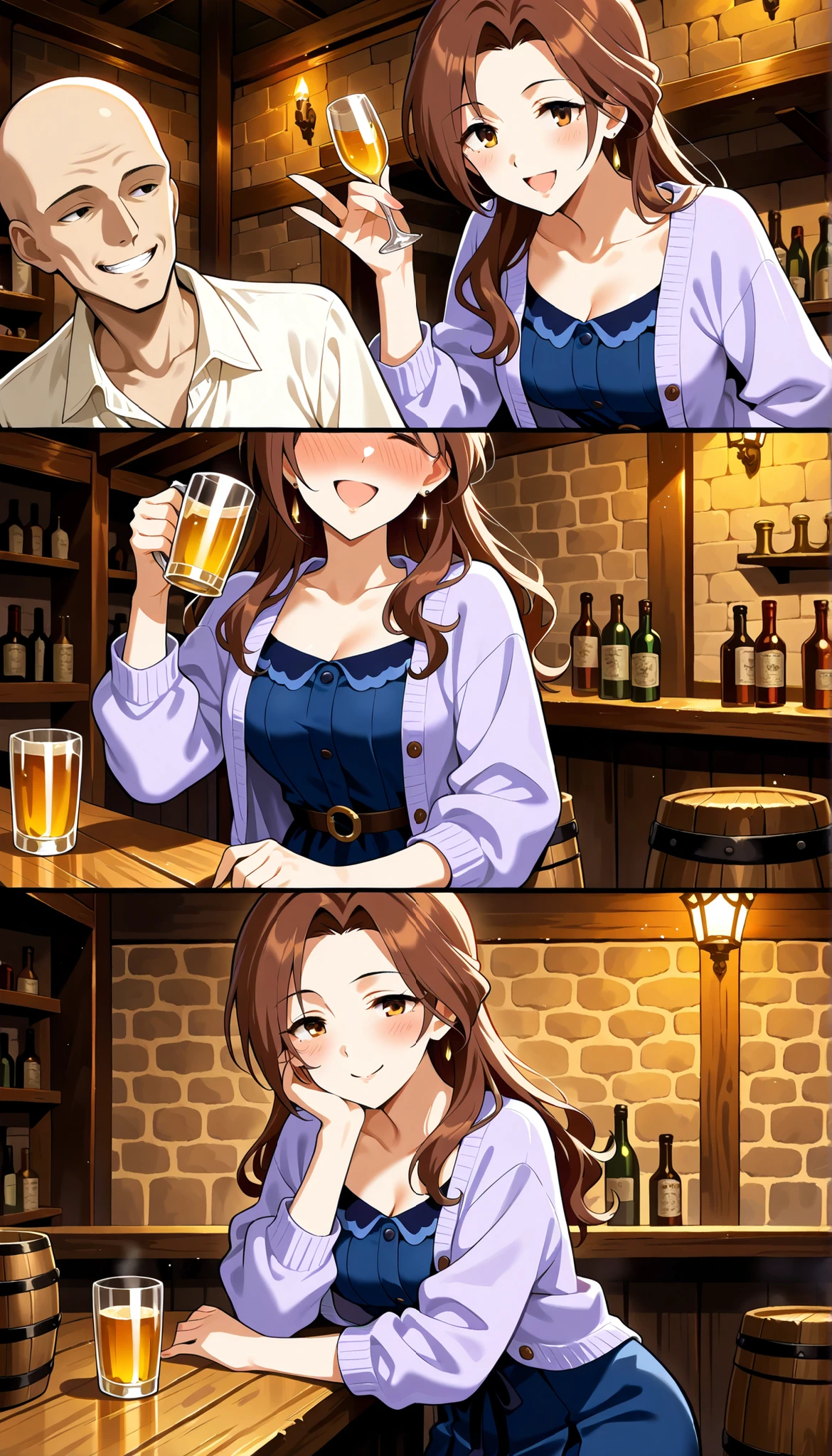 kawashima_mizuki, brown hair,long hair,parted bangs,tareme , medium breasts,(((Affair with a bald man))),Drinking at a tavern, getting drunk, smiling, blue dress, purple cardigan, Ulchan-6500-v1.1, ( RAW photos :1.2),  beautiful detailed , very detailedな目、beautiful eyes, beautiful eyes、 Brown eyes, file size is large, High Resolution, very detailed, Top Quality, [masterpiece:1.6], Awareness-raising, very detailed, CG, finely, Top Quality, 8K wallpaper, Perfect Body 、dynamic,very detailed