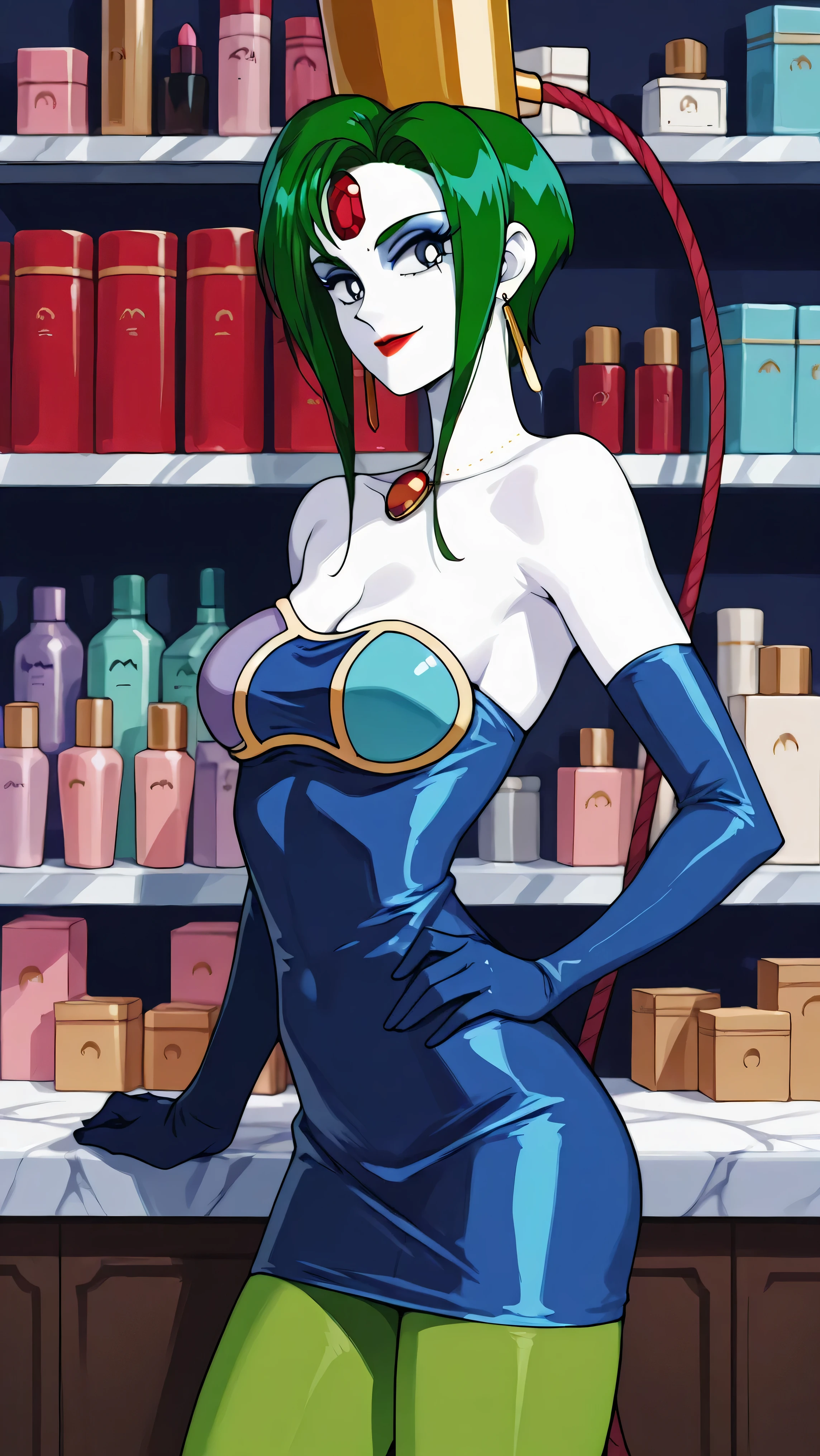 score_9,score_8_up ,score_7_up ,very cute girl:5.0, masterpiece, high image quality, ,perfect face:5.0, very cute face, full nude :5.0, retro anime style,one girl, Slim, heavy makeup:9.0 , green hair, white skin:5.0 , Red jewel on forehead, glossy clear red lipstick, Big Bright Blue Eyes, villain pose , Extremely Brutal Mockery , closed mouth with a slight smile, Look back in a big way, 顔up, Normal Breasts, 顔ドup, Gold Round Pendant, long thin gold earrings, red lips, blue bodycon dress, blue extra long gloves, Gold Cap, solo, cosmetics store counter, green pantyhose, Red hose from hat to waist, side angle,