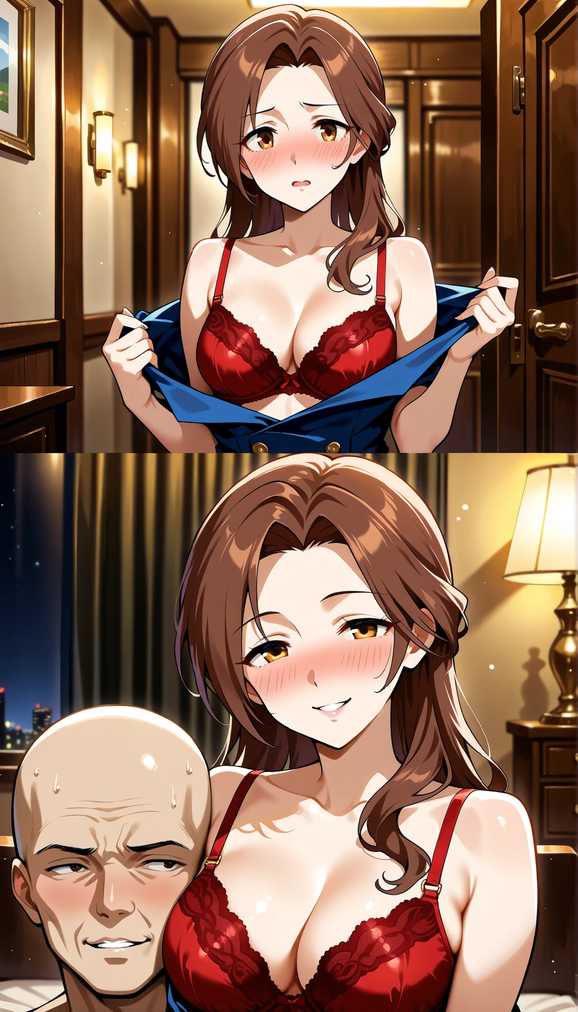kawashima_mizuki, brown hair,long hair,parted bangs,tareme , medium breasts,(((Affair with a bald man))),hotel room,Shame,blush, getting drunk, blue dress, red bra,Undressing, Ulchan-6500-v1.1, ( RAW photos :1.2),  beautiful detailed , very detailedな目、beautiful eyes, beautiful eyes、 Brown eyes, file size is large, High Resolution, very detailed, Top Quality, [masterpiece:1.6], Awareness-raising, very detailed, CG, finely, Top Quality, 8K wallpaper, Perfect Body 、dynamic,very detailed