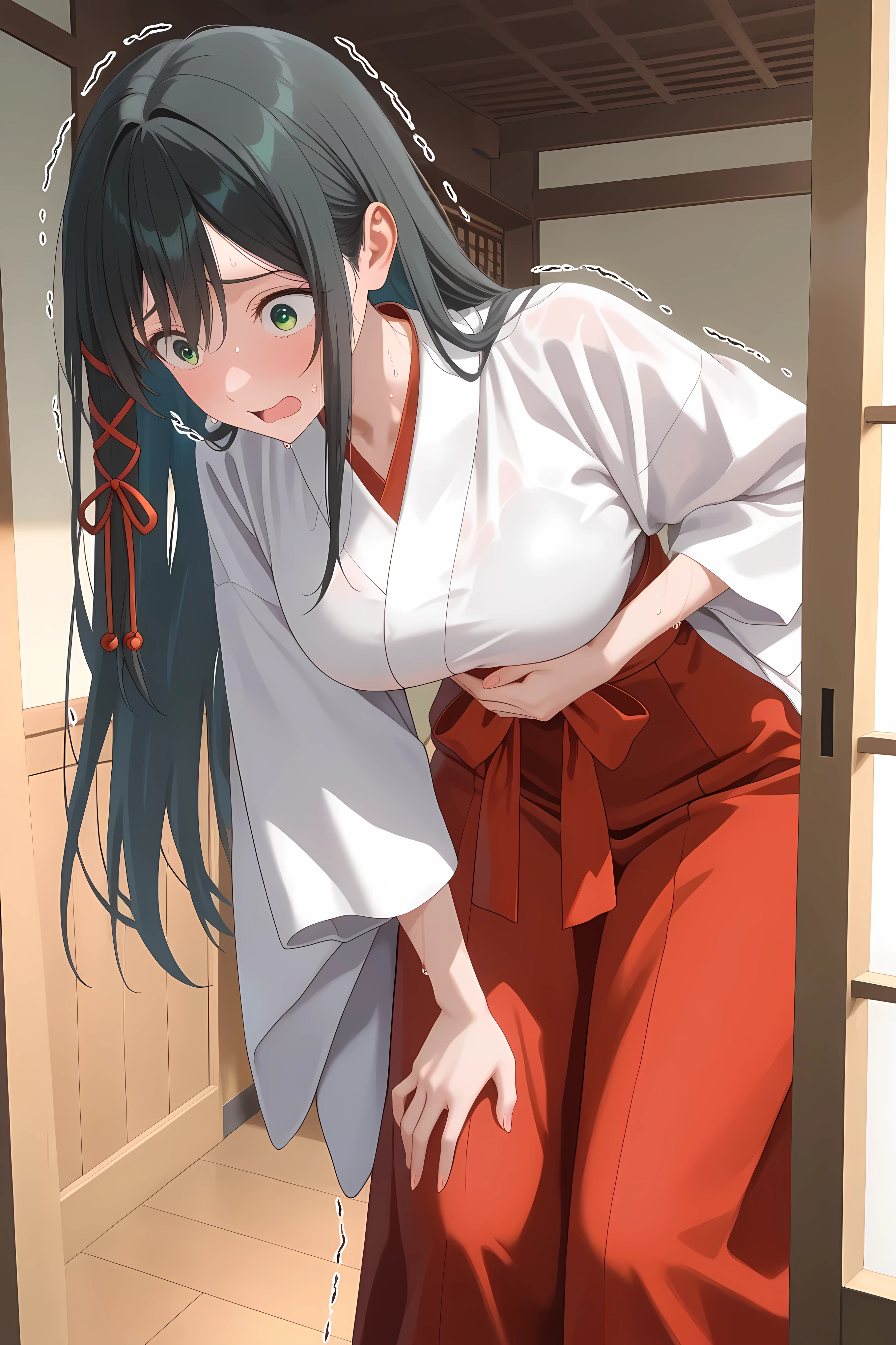 amagamiYae, green eyes,long hair,black hair,red ribbon,hair ribbon, miko, white kimono, general, masterpiece, highres, ultra-detailed, hyper-detailed, best quality, amazing quality, very aesthetic, best hands, best eyes, best hand
adult woman, 1woman, hand on own stomach, sweat, leaning forward, nervous, scared, trembling legs, large japanese wooden shrine hallway
