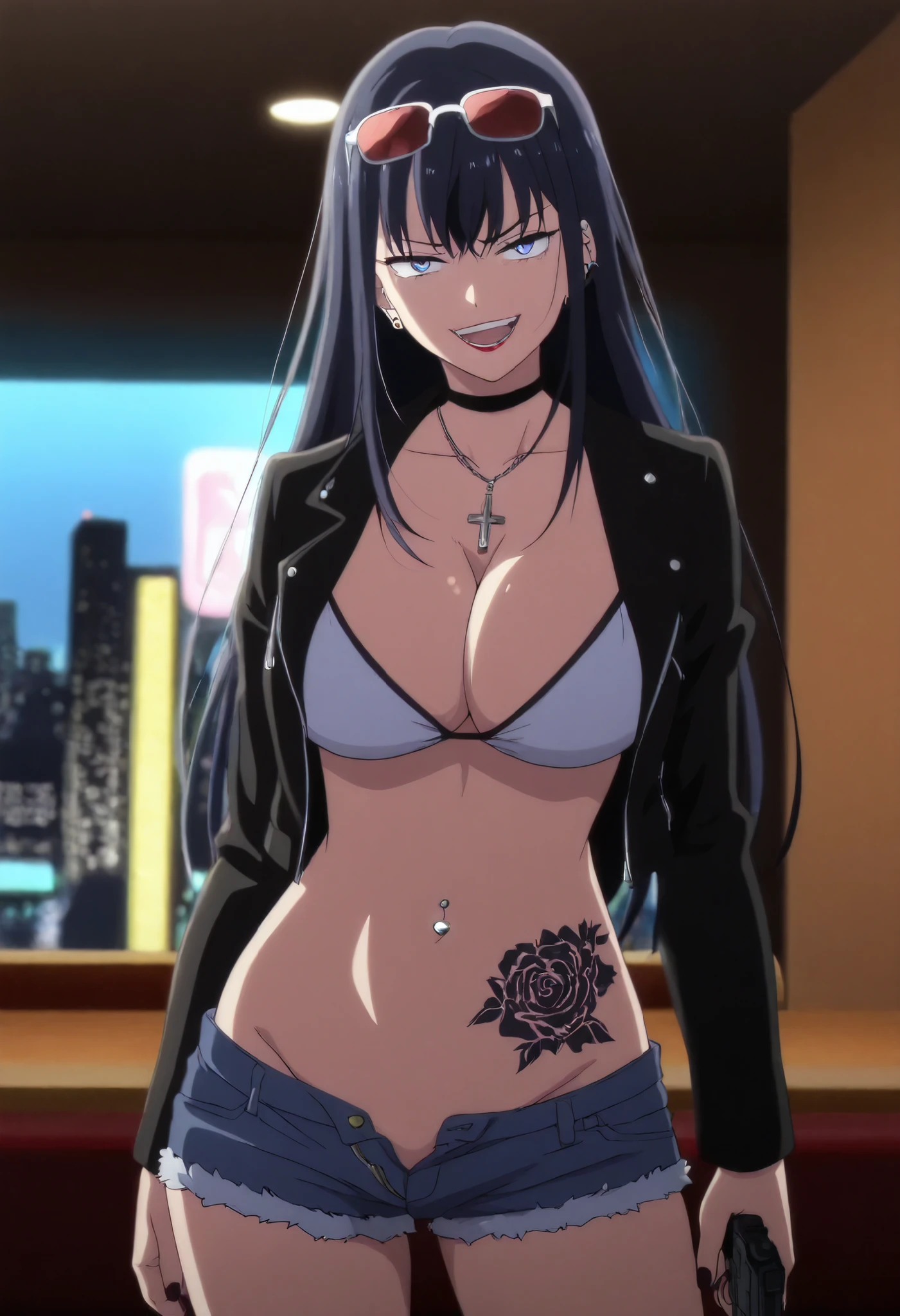 masterpiece, best quality, amazing quality, depth of field, long hair, black hair, dark blue eyes, red lipstick, , solo,nail polish , , makeup , ear piercing , long hair , lipstick , Hot girl , baddie , smoking , sensual , attractive , choker , cross necklace ,bar background, inside bar, indoors, cityscape, casino, nightclub, city lights,,masterpiece , best quality , highly detailed , a girls with a gun , evil smile , open mouth , sexy gaze , badass pose , evil smile , smile , (nsfw) not safe for work , guns blazing , anime girl with long hair , beautiful long haired girl , navel , evil expression , exposed belly , exposed navel , exposed midriff , exposed lower belly , , cleavage , unbuttoned shorts , open fly , shorts , short shorts ,, leather jacket , holding a gun , holding pistol , unbuttoned shirt , collared shirt , knot , pull_down shorts , black short shorts , (show off panties , :1 . 2 , no panties) , zip up leather jacket , bikini top ,,, navel piercing, sunglasses on head,,, shoulder holster, medium large breasts, waist dragon tattoo, narrowed eyes, tattoo waist, , anime screencap , anime coloring, looking at viewer , v-shaped eyebrows,