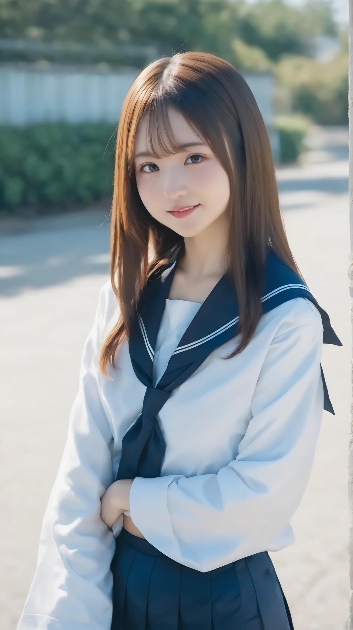 Japanese woman wearing a short skirt and white shirt, solo, Upper Body Portrait:1.5, wearing Japanese uniform, Female High School Student Uniform, Japanese uniform, I'm in uniform, 学校のI'm in uniform, cute high school girls,  girls ,  JK uniform , seifuku, Female student posing, Zhang Ding, A loose coat inspired by a sailor suit