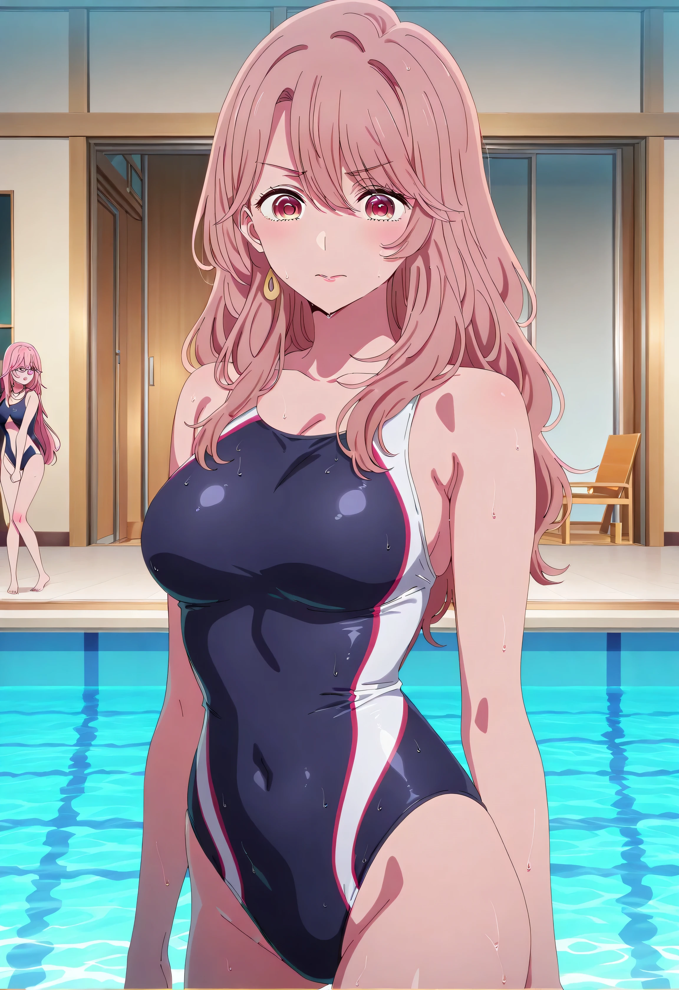 Japanese woman with semi-long hair wearing a competitive swimsuit、Sexy Poses、Pool、Saitou Miyako