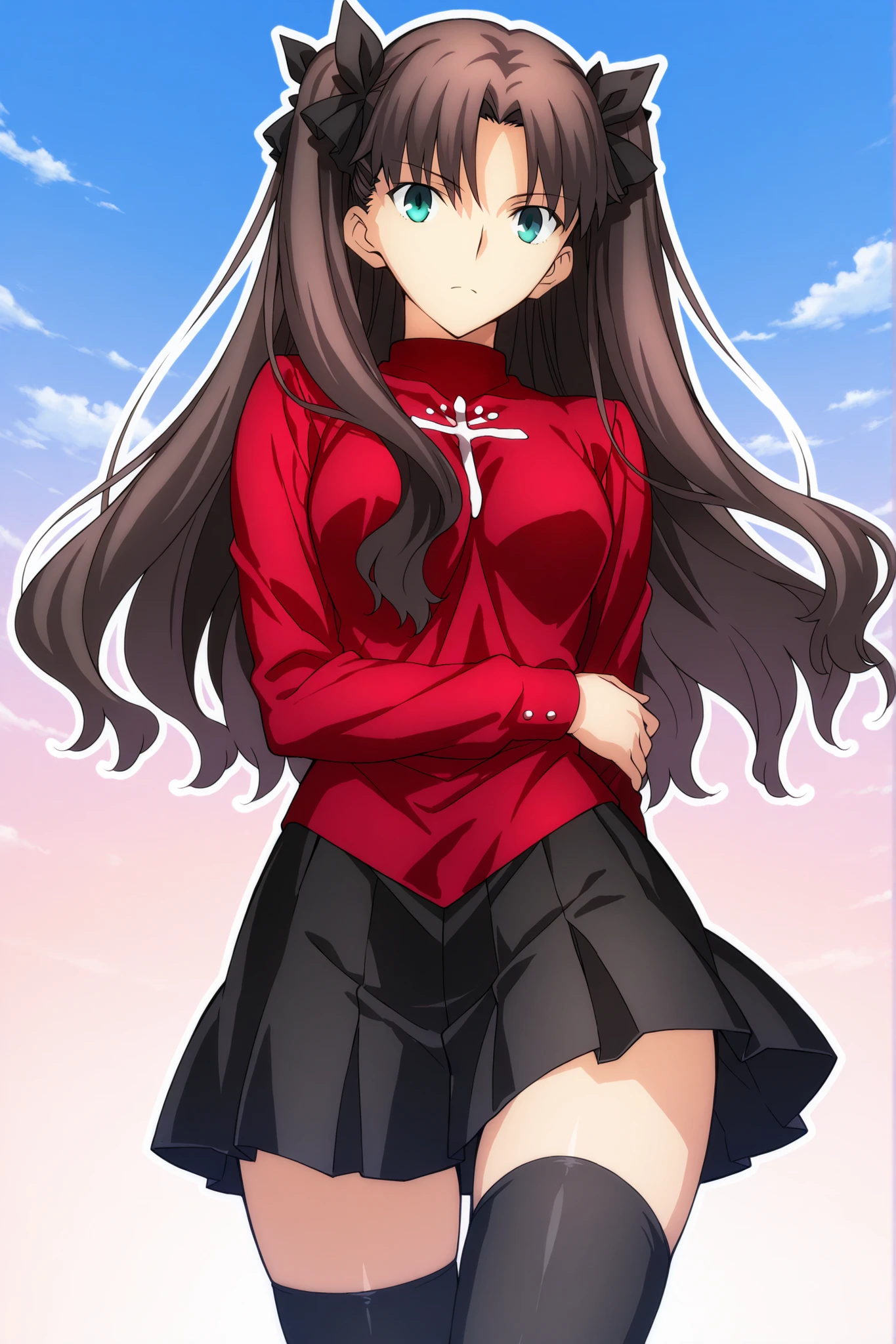 top quality,high resolution,8k,masterpiece,anime,(tohsaka rin from Fate/stay night),reddish-brown hair tied in twin tails with black ribbons,wearing her iconic Fate/stay night red sweater tightly clinging to her body covering with subtle outline visible through fabric and black skirt tightly hugging her hips with thigh-high black stockings perfectly intact and unrolled,Natural eye depiction,her green eyes,tight-fitting clothes,Dynamic pose,(The shape of the nipples can be faintly seen through the sweater:0.5)