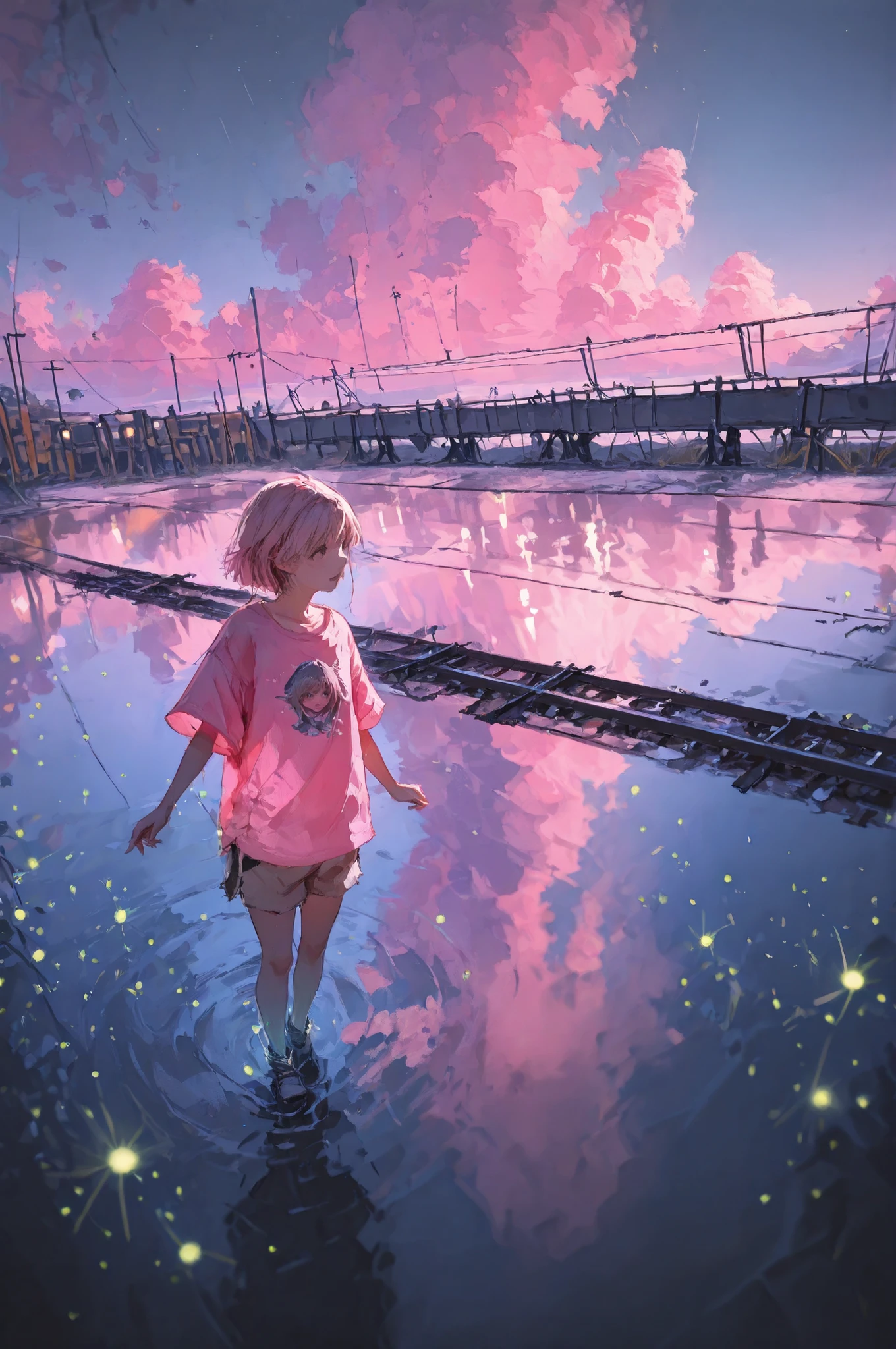 high-quality photo, ultra-detail, impeccable quality, young Chihiro in a pink T-shirt and shorts walks along the flooded rails next to the majestic Faceless, the reflection of the moon in calm water, railroad ties are barely visible under the water surface, lanterns glow in the distance, flying fireflies , twilight sky with pastel clouds