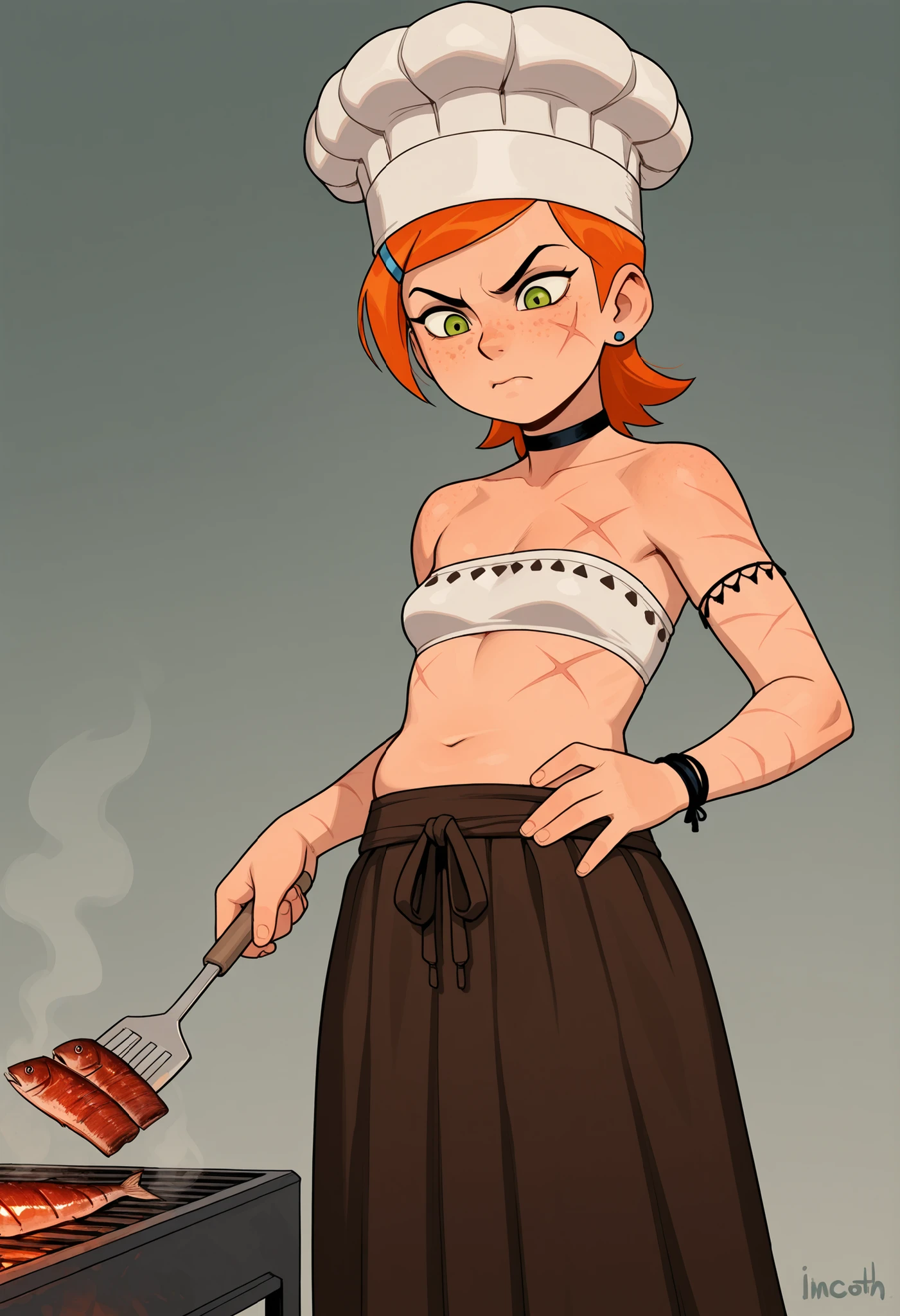 Gwen Tennyson . ginger . short hair . green eyes . small breasts, medium hips . chubby body . choker . | masterpiece, best quality, incoth, (incase:0.6), (dynamic:1), stylized, 1girl, detailed face, freckles, tribal_outfit, (scars), angry, chef hat, grilling fish, spatula, long skirt