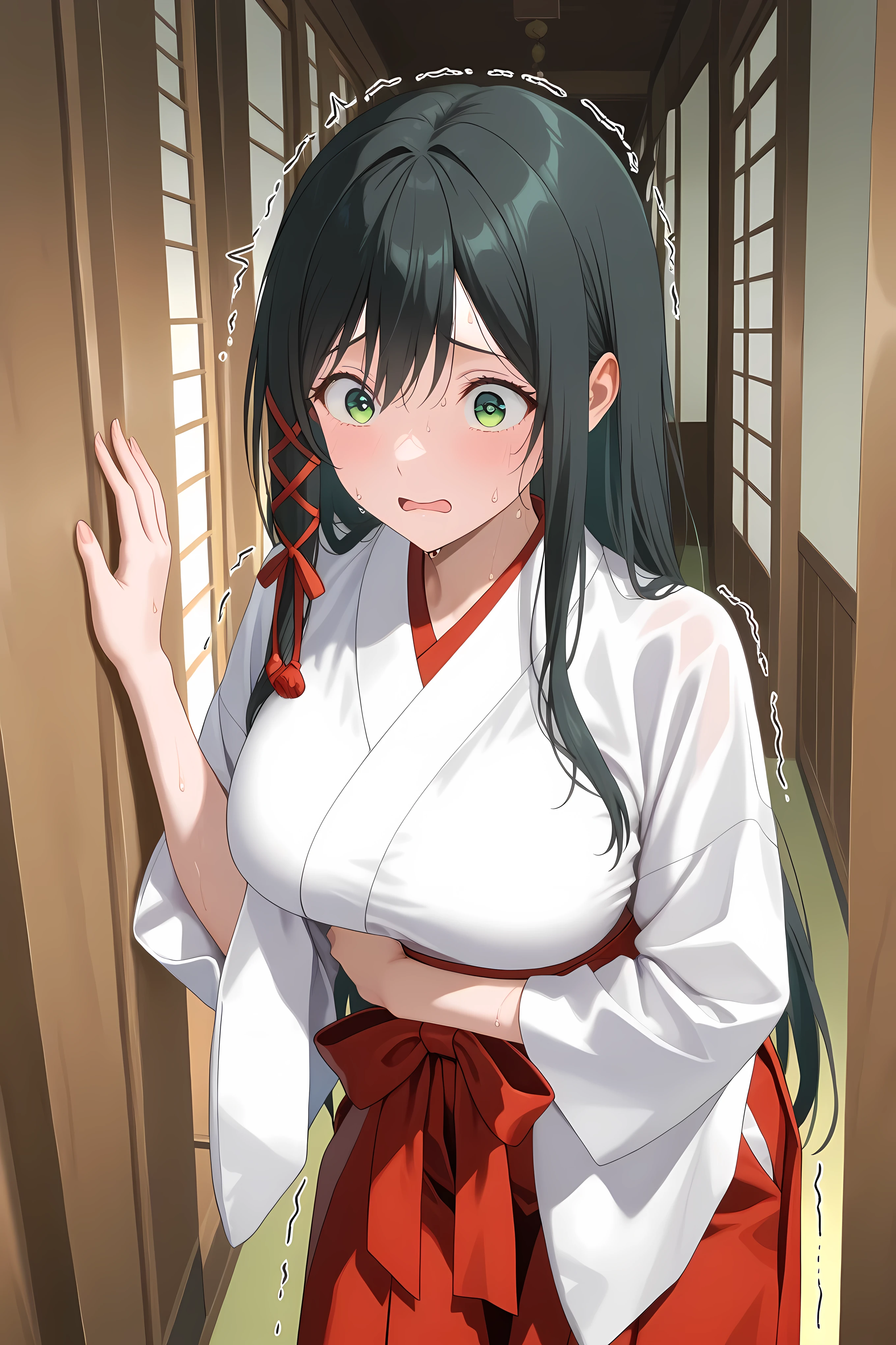 amagamiYae, green eyes,long hair,black hair,red ribbon,hair ribbon, miko, white kimono, hakama skirt, red hakama, general, masterpiece, highres, ultra-detailed, hyper-detailed, best quality, amazing quality, very aesthetic, best hands, best eyes, best hand
adult woman, 1woman, hand on own stomach, sweat, leaning forward, nervous, scared, trembling legs, large japanese wooden shrine hallway