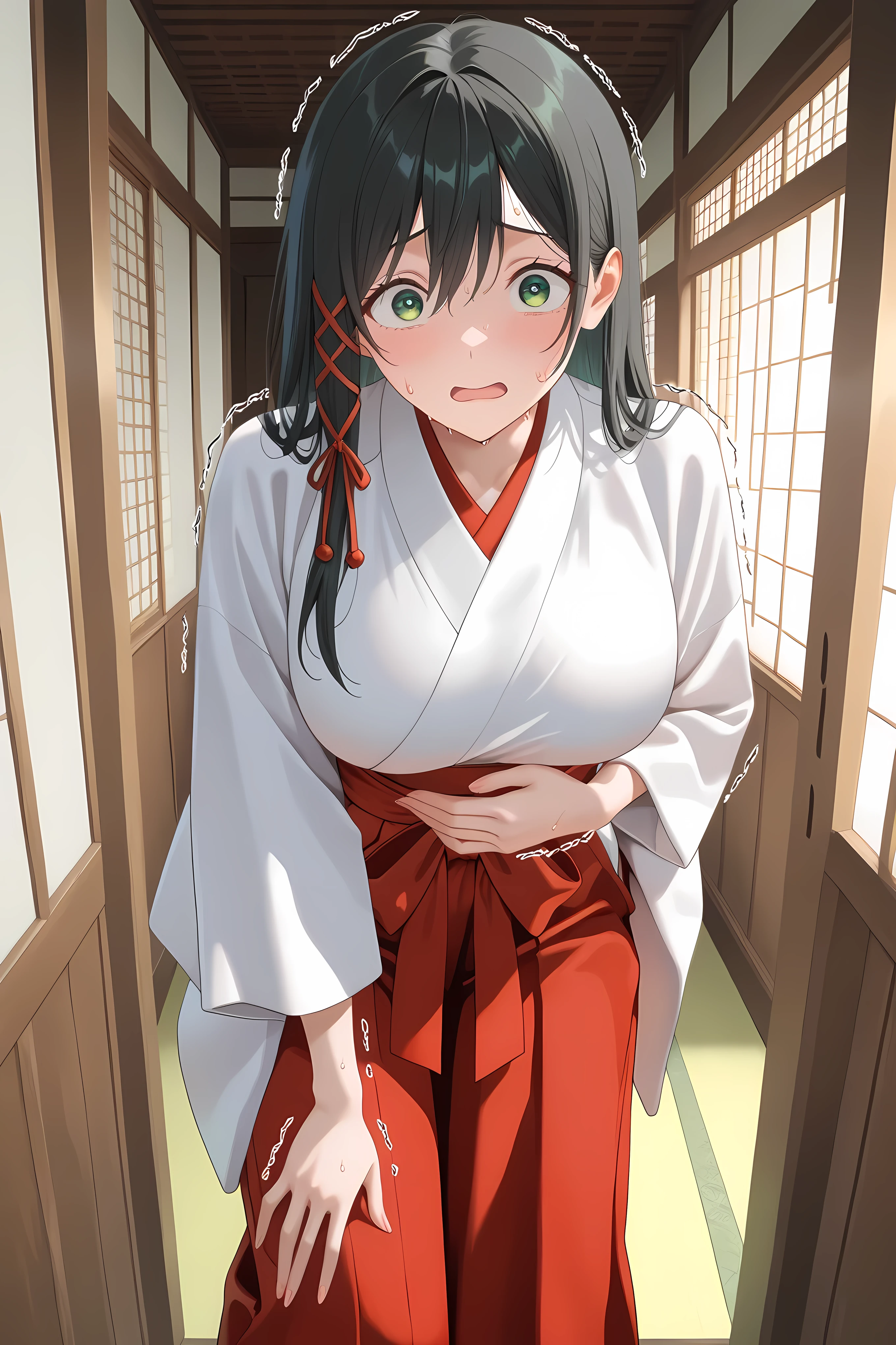 amagamiYae, green eyes,long hair,black hair,red ribbon,hair ribbon, miko, white kimono, hakama skirt, red hakama, general, masterpiece, highres, ultra-detailed, hyper-detailed, best quality, amazing quality, very aesthetic, best hands, best eyes, best hand
adult woman, 1woman, hand on own stomach, sweat, leaning forward, nervous, scared, trembling legs, large japanese wooden shrine hallway