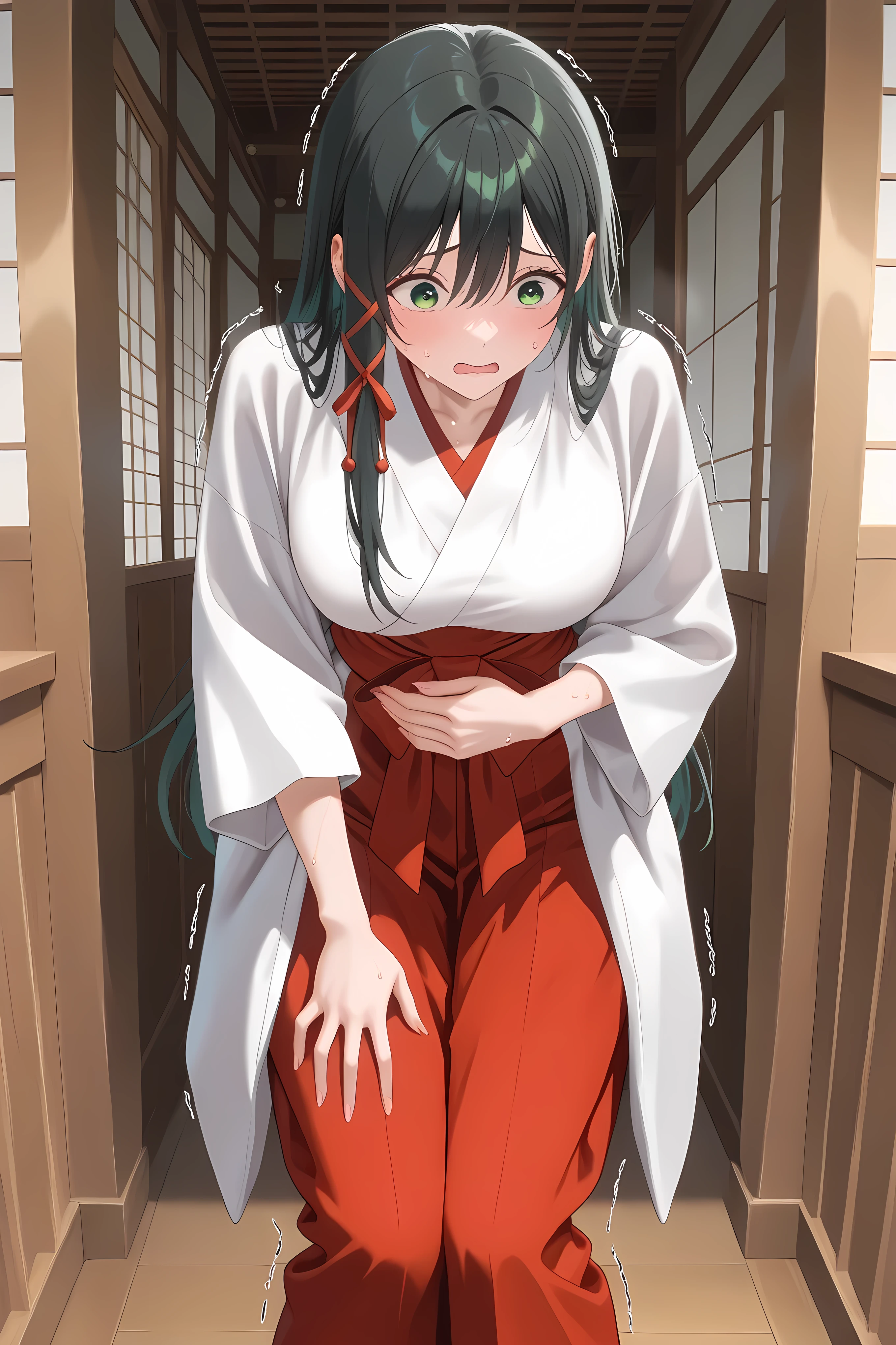 amagamiYae, green eyes,long hair,black hair,red ribbon,hair ribbon, miko, white kimono, general, masterpiece, highres, ultra-detailed, hyper-detailed, best quality, amazing quality, very aesthetic, best hands, best eyes, best hand
adult woman, 1woman, hand on own stomach, sweat, leaning forward, nervous, scared, trembling legs, large japanese wooden shrine hallway, half body shot