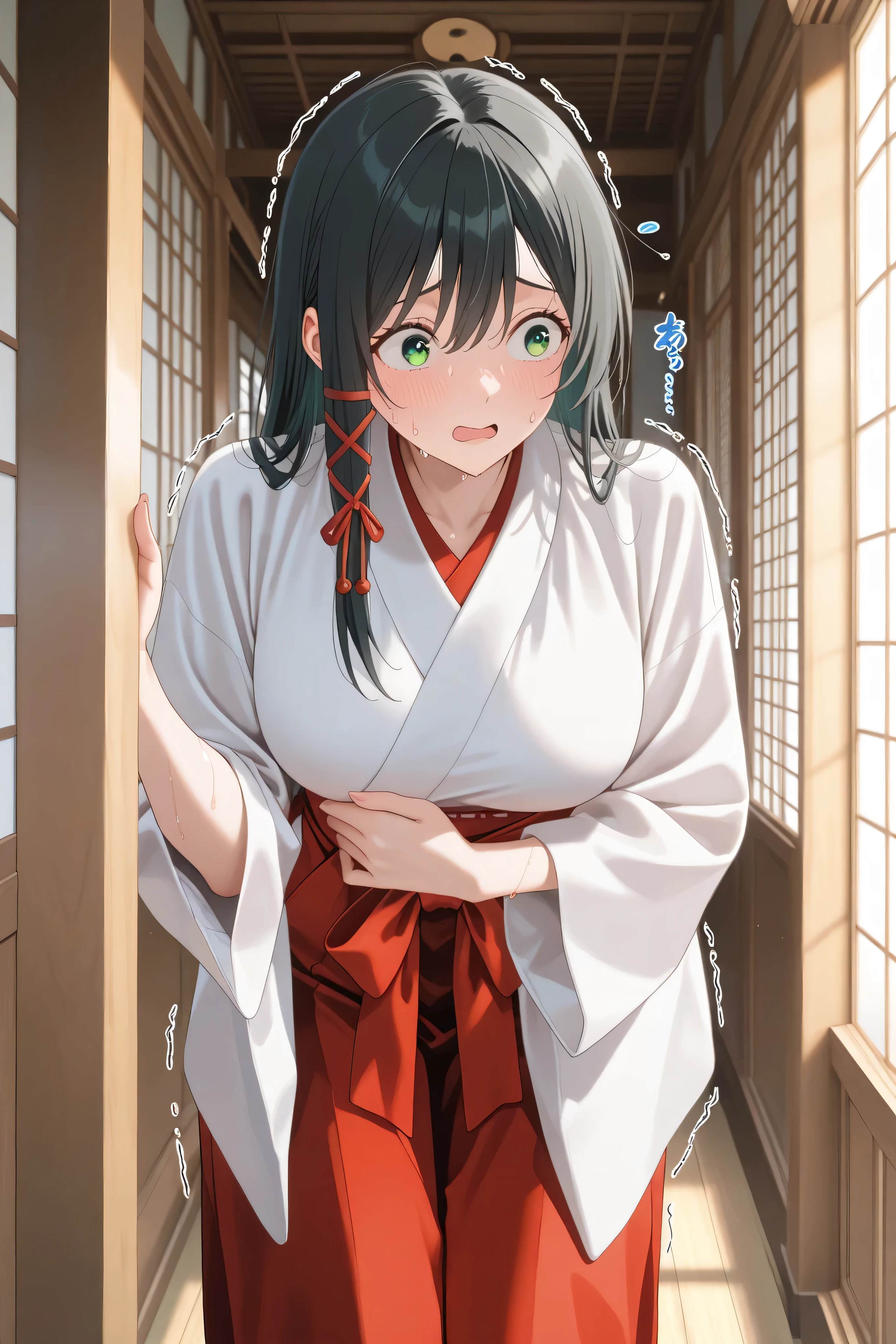 amagamiYae, green eyes,long hair,black hair,red ribbon,hair ribbon, miko, white kimono, general, masterpiece, highres, ultra-detailed, hyper-detailed, best quality, amazing quality, very aesthetic, best hands, best eyes, best hand
adult woman, 1woman, hand on own stomach, sweat, leaning forward, nervous, scared, trembling legs, large japanese wooden shrine hallway, half body shot