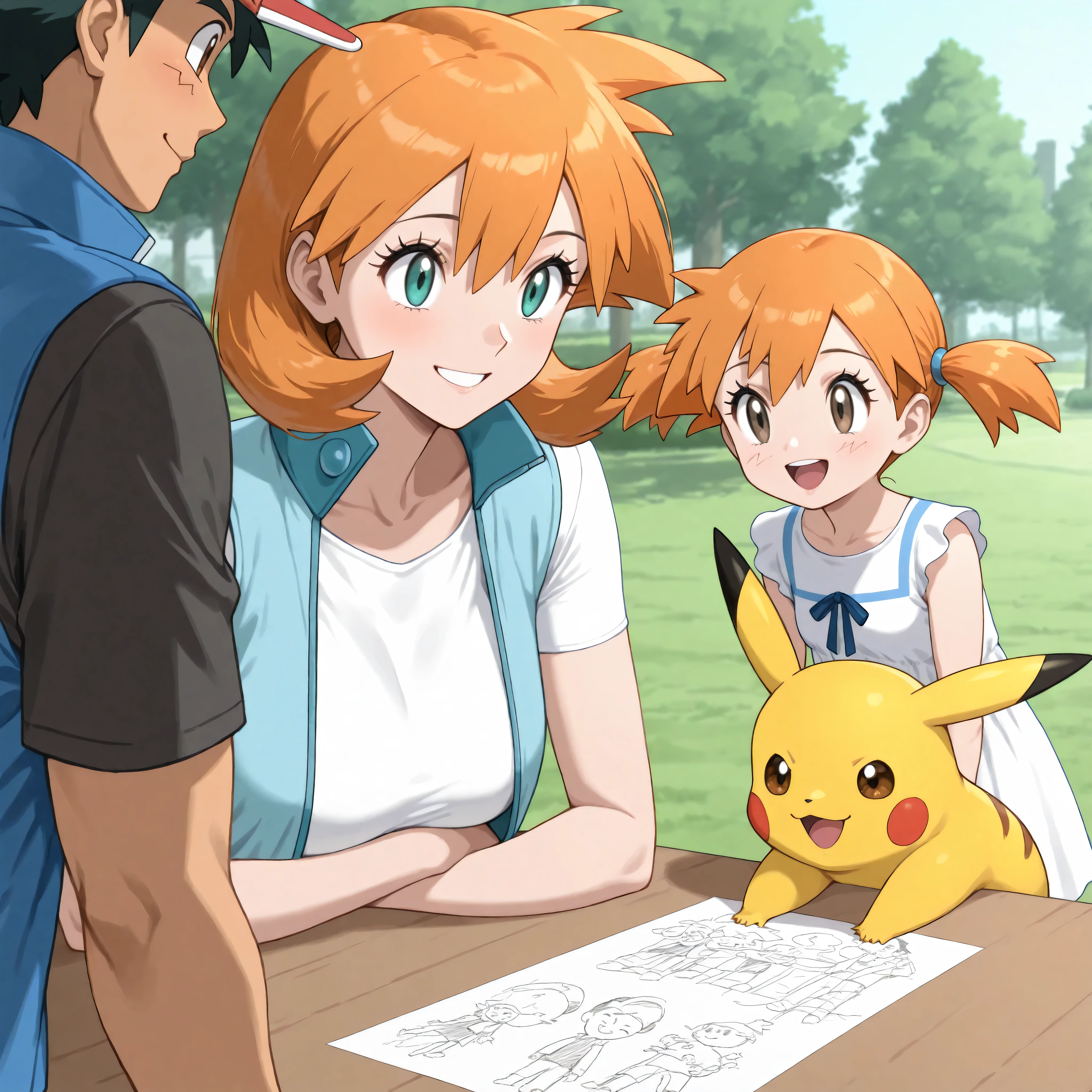 together, togetherness, couple, masterpiece, best quality, (couple), hetero, (duo focus), 1man, 2women, BREAK, 1man, adult, adult male, adult man, aged up, handsome man, good looking man, macho, source_anime, ash ketchum, ashxyz, brown eyes, black hair, hair between eyes, short hair, bangs, red hat, red baseball cap, red headwear, shirt, white shirt, short sleeves, jacket, blue jacket, sleeveless jacket, pokemon (creature), pokemon (creature), pikachu, pikachu (pokemon), BREAK, 1woman, adult female, adult woman, misty, misty_pokemon, misty pokemon, 1girl, Misty_G2, aqua eyes, Orange hair, Short hair, small breasts, eyelashes, smile, smiling, highres, misty \(pokemon\), BREAK, 1toddler, female child, MISTY_G2, misty_pokemon, orange hair, brown eyes, twin pigtails, dress, child dress, happy family, family photo, warm mood, joyful mood, at the park, children's drawing,