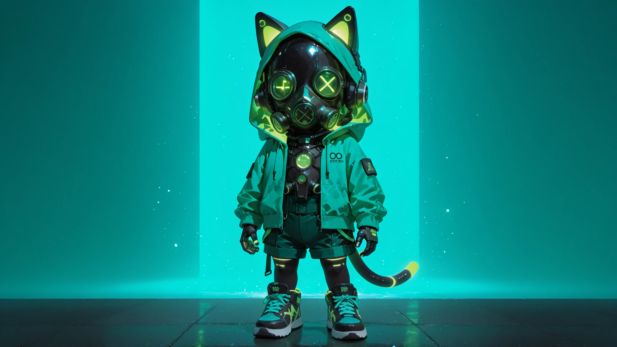 "Highly detailed 3D render of a chibi character, full body, standing, wearing a futuristic teal and neon green outfit. The character has large, glowing teal cat ears integrated into a hooded jacket. They wear a stylized gas mask with glowing neon green accents and large, detailed headphones over the hood. The jacket is oversized and puffy, in a muted teal color with neon green piping and subtle glow effects, featuring a large "X" design on the front. They wear matching teal shorts and chunky sneakers with prominent neon green soles and glowing elements. The character has a small, adorable chibi cat companion standing next to them. The overall style is playful yet edgy, with a clean, smooth render, volumetric lighting, and a dark, minimalistic background to emphasize the character's glowing elements. Art toy aesthetic, high resolution, octane render." 