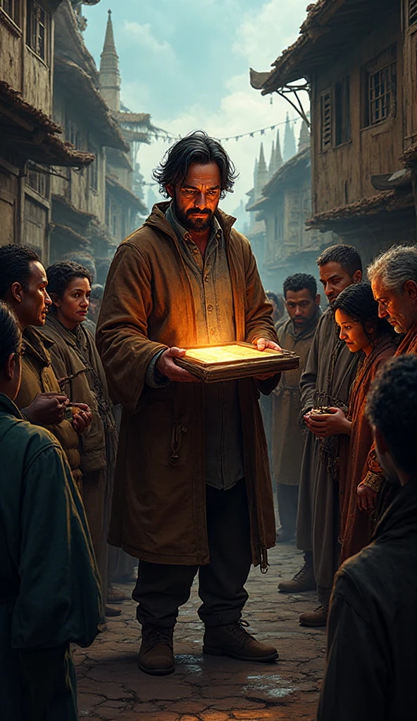 Village leader holding a ledger that’s actually digital screen, citizens peeking; comic, high contrast.