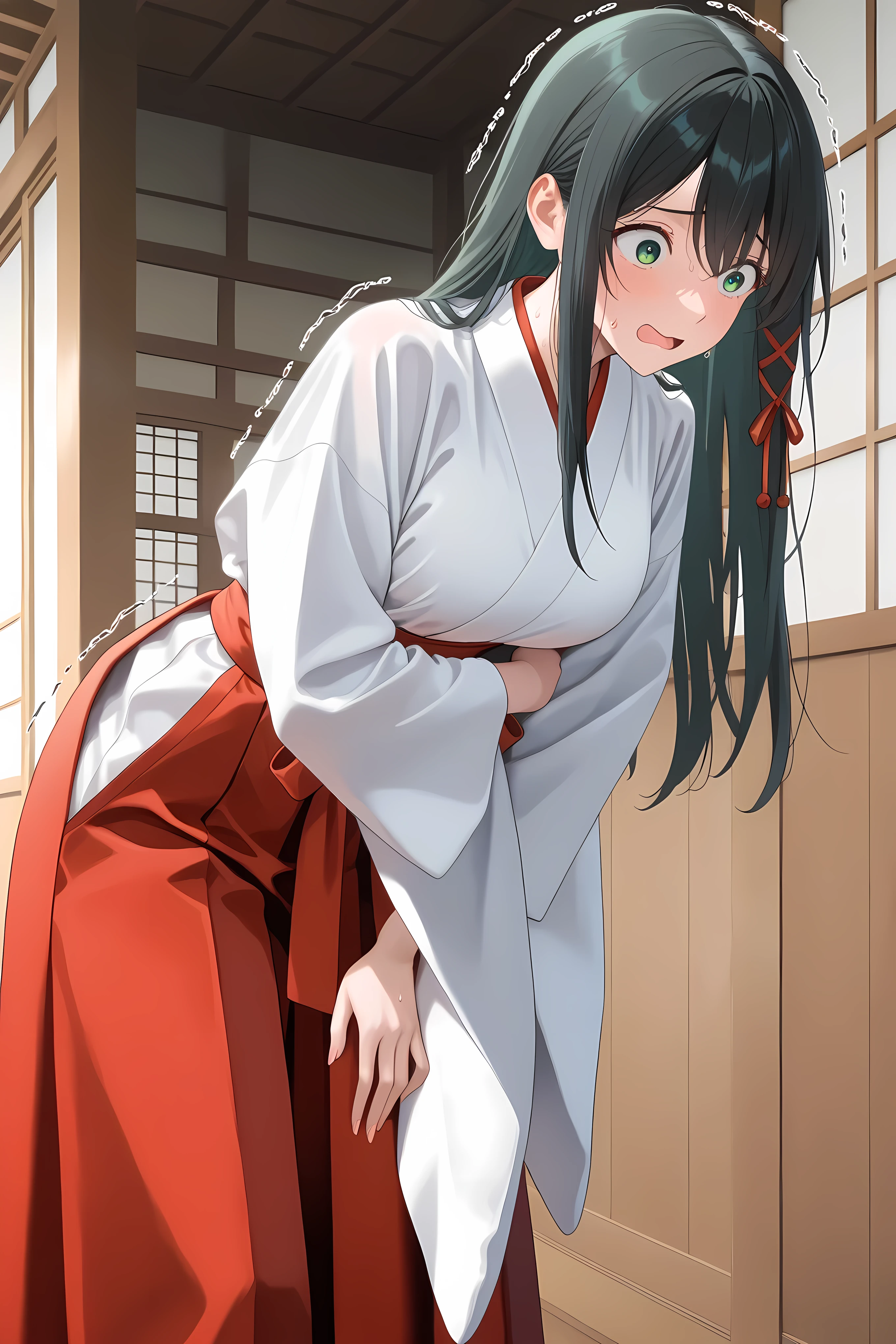 amagamiYae, green eyes,long hair,black hair,red ribbon,hair ribbon, miko, white kimono, hakama skirt, red hakama, general, masterpiece, highres, ultra-detailed, hyper-detailed, best quality, amazing quality, very aesthetic, best hands, best eyes, best hand
adult woman, 1woman, hand on own stomach, sweat, leaning forward, nervous, scared, trembling legs, large japanese wooden shrine hallway