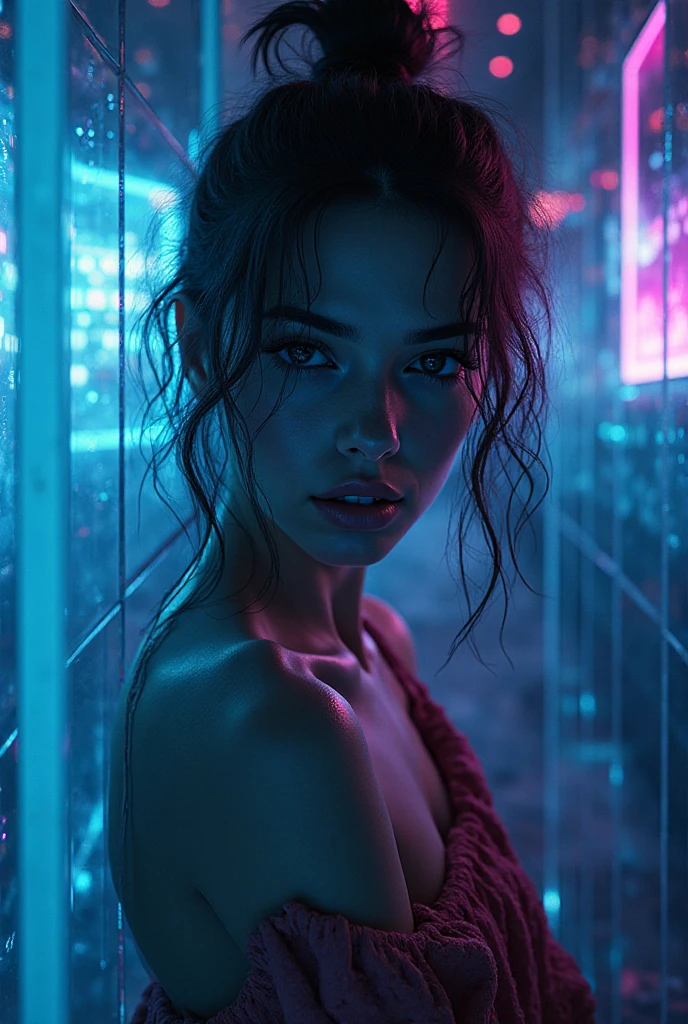 score_9, score_8_up, score_7_up, score_6_up, score_5_up, score_4_up, Glowing neon reflection, glossy lips, cyberpunk vibe, dramatic low angle, high-angle, elegant neckline, soft shoulder curve, gentle tilt, subtle shadows, refined elegance