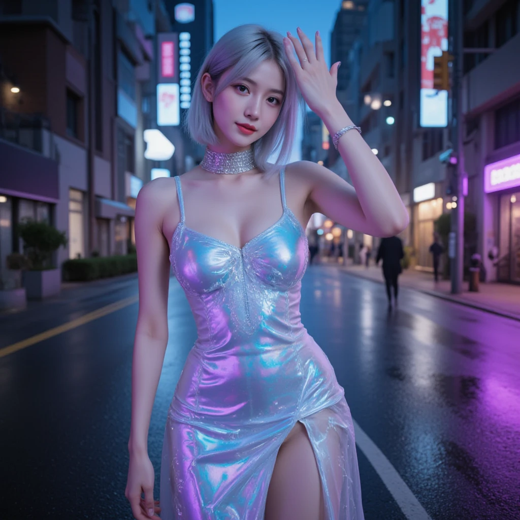 Vulgar,((masterpiece:1.4, best quality)), ((masterpiece, best quality)), (realistic:1.5),Beautiful girl RAW photo,beautiful pixie cut silver blonde hair,Japanese high school girl,full body, Walking along the dark city street, ((elegant floral mini dress)),very cute, slim, cute eyes,evil smile,enticing ???? look,(( lookin at the camera)),cinematic lighting and pause,night,crowded,neon light