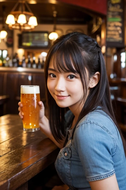 (Top Quality, Masterpiece, Ultra High Definition, Photorealistic:1.4), Raw Photo, 1girl, pretty, Japanese,  (beer girl), (slender, perfect body, abs, Gigantic Breasts), smile, bangs, holding beer, beer server, stadium,