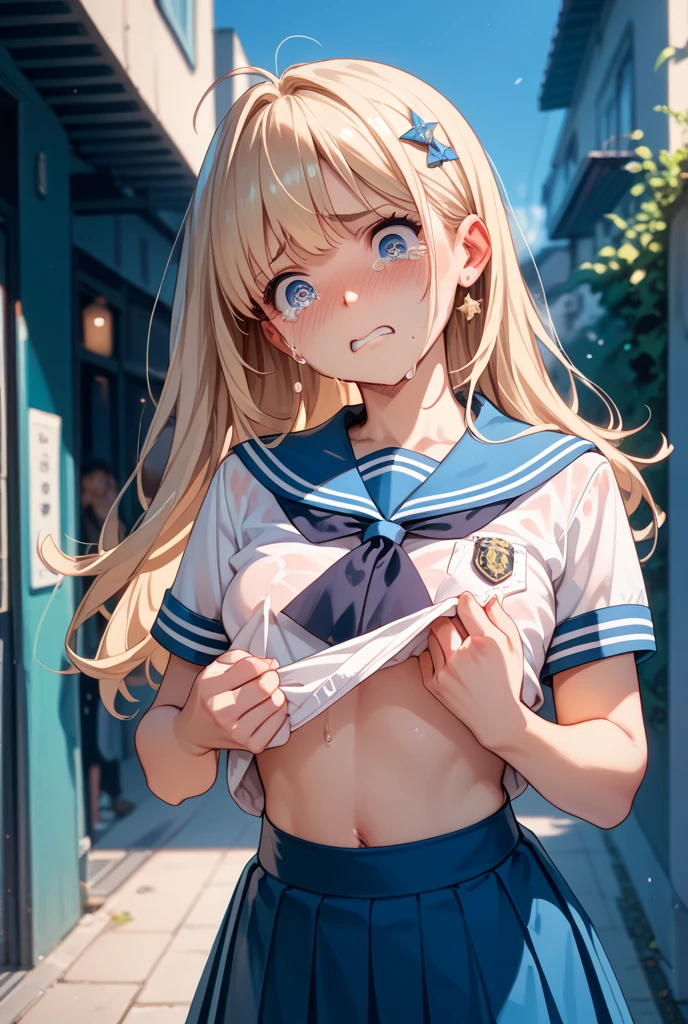 (Master masterpiece:2), , (((extremely fine and beautiful)))、(16 K:2)、(The wettest one girl:1.6)、(completely , holding her hands behind her back:1.6)、(medium large breasts)、(Nominal body type)、(Glamorous:1.4)、(, :1.6)、(cute little)、(embarrassed:1.8), Correct , Good anatomy、(((The ultra -The high-definition)))、(Ultra HD)、(highly detailed)), ((Very detailed and beautiful)), ((Very detailed and beautiful)), (luminism)), komori met, ((blonde))