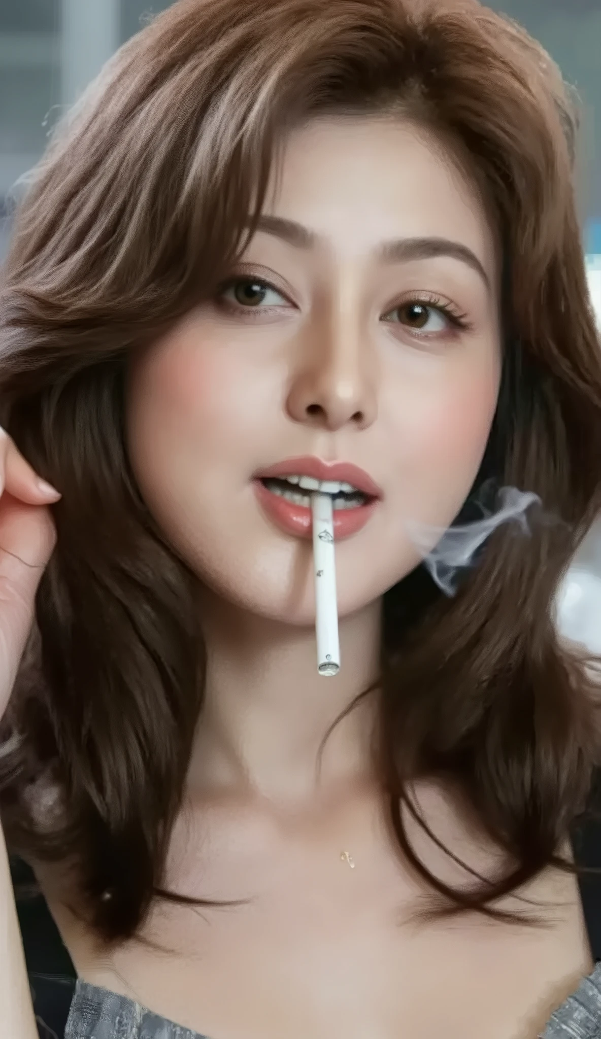 Professional close-up portrait of an attractive 40-year-old Japanese woman. ((((Norika Fujiwara)))))), ((Professional close-up of face)), (((((Ultra-high resolution, ultra-clear, super-resolution, high-resolution, ultra-realistic image of a green and white Marlboro Menthol pack))))))), (((((Realistic smoke coming out of the mouth and tip of the cigarette . ))))), (((((((Cigarette in mouth, smoking)))))), (((((Realistic smoke coming out of the tip of the cigarette))))), ((((Cigarette in mouth))))), ((Ultra-high resolution, ultra-realistic, detailed brown filter cigarette with bright red lipstick)), (((Ultra-clear, ultra HD, high-resolution, high-quality, detailed, heavy smoke coming out of the mouth and nose)), Photorealistic, (((32K quality)), ((Ultra-realistic)), Japanese MILF. Beautiful actress. Real person, curvaceous and tall. Medium brown hair. Beautiful legs. Captivating smile. Elegant makeup. Bright red sticky lips (anatomically correct), bright red nails, (((((Smoking: 0.8)))))), (((She smokes a lot of brown filter cigarettes)), ((((She has a Marlboro in her hand)), (((She has a pack of menthol cigarettes))))))), ((((Chanel Matelasse 23 Double Flap 1st Series Crocodile Black Gold Chain Shoulder Bag Black 1144-5)))), ((Chanel Vintage 95A CC Logo Leather Jacket #40 Black Gold Button Pocket)), (Chanel Black Camellia Appliqué Leather Pants), (Chanel Pearl Necklace), ((Chanel CC Argento Crystal Grand Bracelet)), ((Chanel Cushion Coco Mark Logo Double Face Wool Cashmere), (Iridescent Cabaret Dress, Bodycon Mini Dress, Shiny Material Camisole) Sexy), Gold Panties, Garter Belt, Iridescent Lace Chanel Leather Bra, Chanel Pearl Necklace, Chanel CC Argento Crystal Grand Bracelet, Large Breasts, Glowing Skin. Focus on Face, (Excellent: 1.2), Highest Quality, (Best Quality: 1.7), High Resolution, Colorful, Highest Resolution, Dreamlike, Bright Colors, Live Action, Realistic Skin, Pale Skin, Surreal, Japanese Woman, Long Hair, Glossy Hair, Piercing Gaze, Delicate Skin, Sl