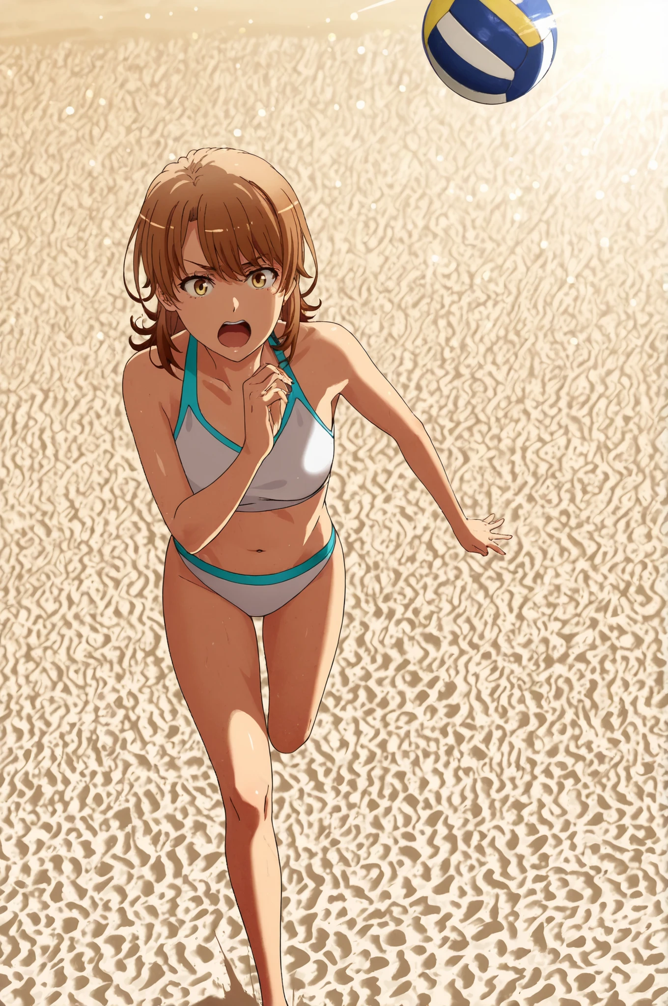 iroha isshiki, short hair, brown hair, brown eyes,,Beautiful summer sea, A woman in high legs playing beach volleyball on a white sand beach, Active movement and radiant skin, Long Hair Fluttering in the Wind, attractive expression, Dynamic Appearance, HDR, super high resolution, studio lighting, A woman playing beach volleyball on a white sand beach in a, Professional, vivid colors, bokeh
