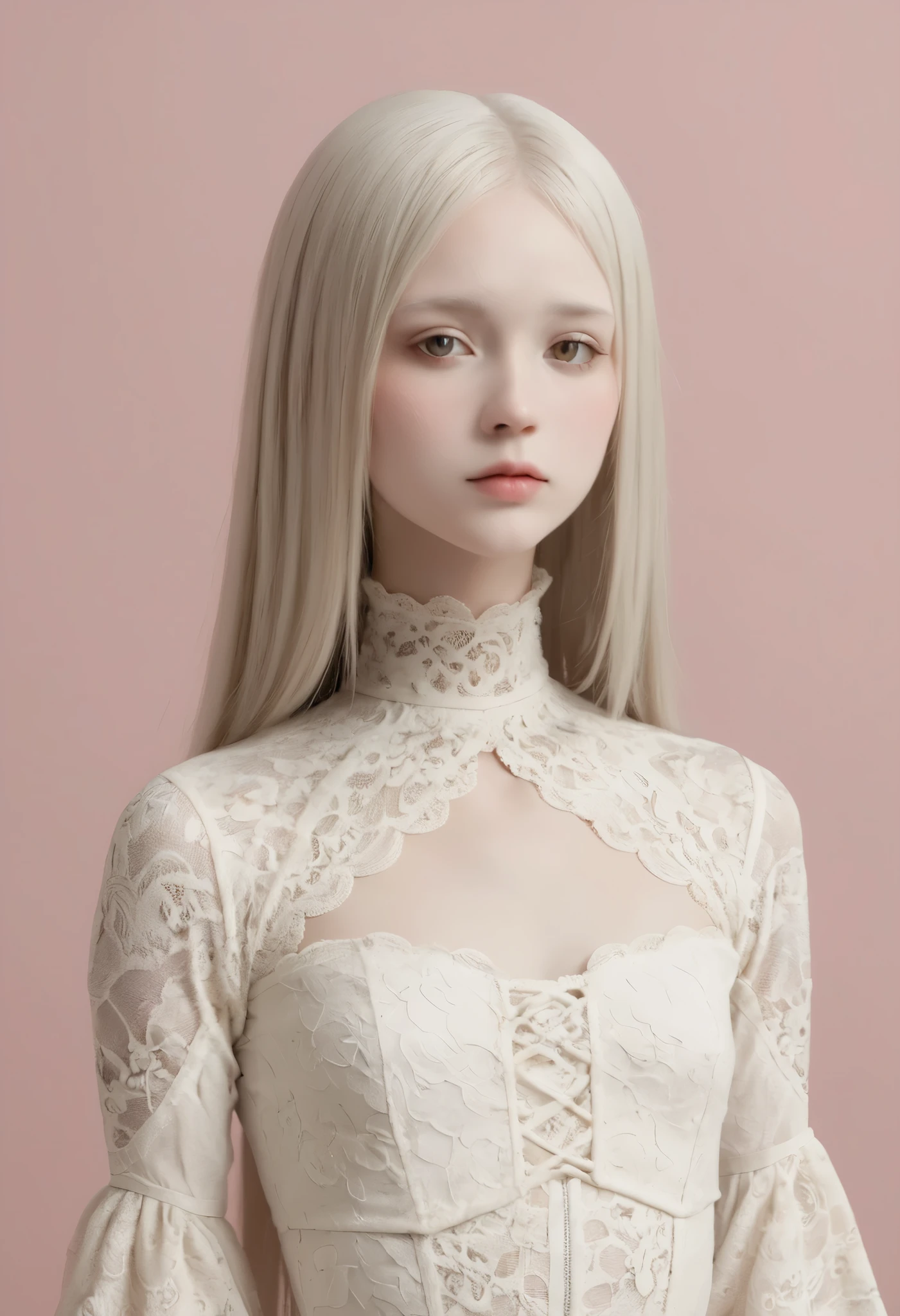  perfect anatomy,    Japanese girl , Alone、To a girl from before the evening、short head:1.7, albino skin, grey hair,    straight long hair  ,  light brown eyes, high neck lace fabric,  white clothes,     artistic,   bright pink background facing down  