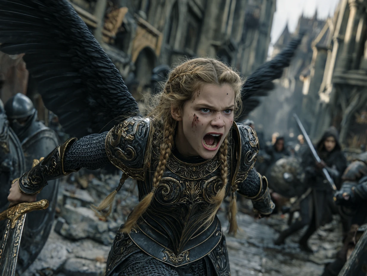 Ultra realistic photography of dbwl woman with many huge beauty marks on her natural pale white skin  ,    (medium shot:.9) ,  (full body portrait:1.3), 
 (SFW),  (((wings, fractal armor))) , upper arms,   ((in frame)),

 ((fighting stance)),  natural (  pale light blonde eyelashes) , blue eyes, medieval background,
 detailed Natural pale white skin  with (many huge round beauty marks) , smile, light pale blonde eyebrows,
 happy, clean cheeks,
detailed, natural light blonde,  outdoors, sunny, high resolution, photograph, RAW photo, fr4ctal4rmor [[]]