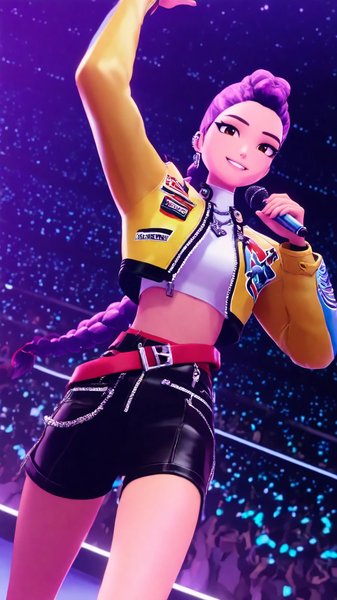 masterpiece, Highest Quality, great quality, (Accurate Style), (detailed face), accurate face, Accurate Eyes, Accurate Color, Detailed eyes ,
Rum1KP0P, long hair, purple hair, braided hair, brown eyes, tall, 1girl, solo, 3D,
yellow jacket, cropped jacket, black shorts, midriff, red belt, white crop top, gem, boots, Bloodstained stage with microphone,
from below, Dramatic Angles, Dutch Angle, cowboy shot in a dirty abandoned house, 3/4 Angles, on stage, audience, viewers, Smile Yan, elegant
