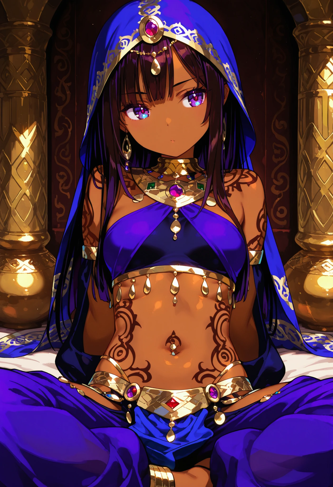 1 female, youth, arabian, dark brown skin female, dark  black color hair, long hair, dark purple color eyes, temptation , provocative , ethnic patterns tattoo,full-body tattoo, dancer, sitting, saloon