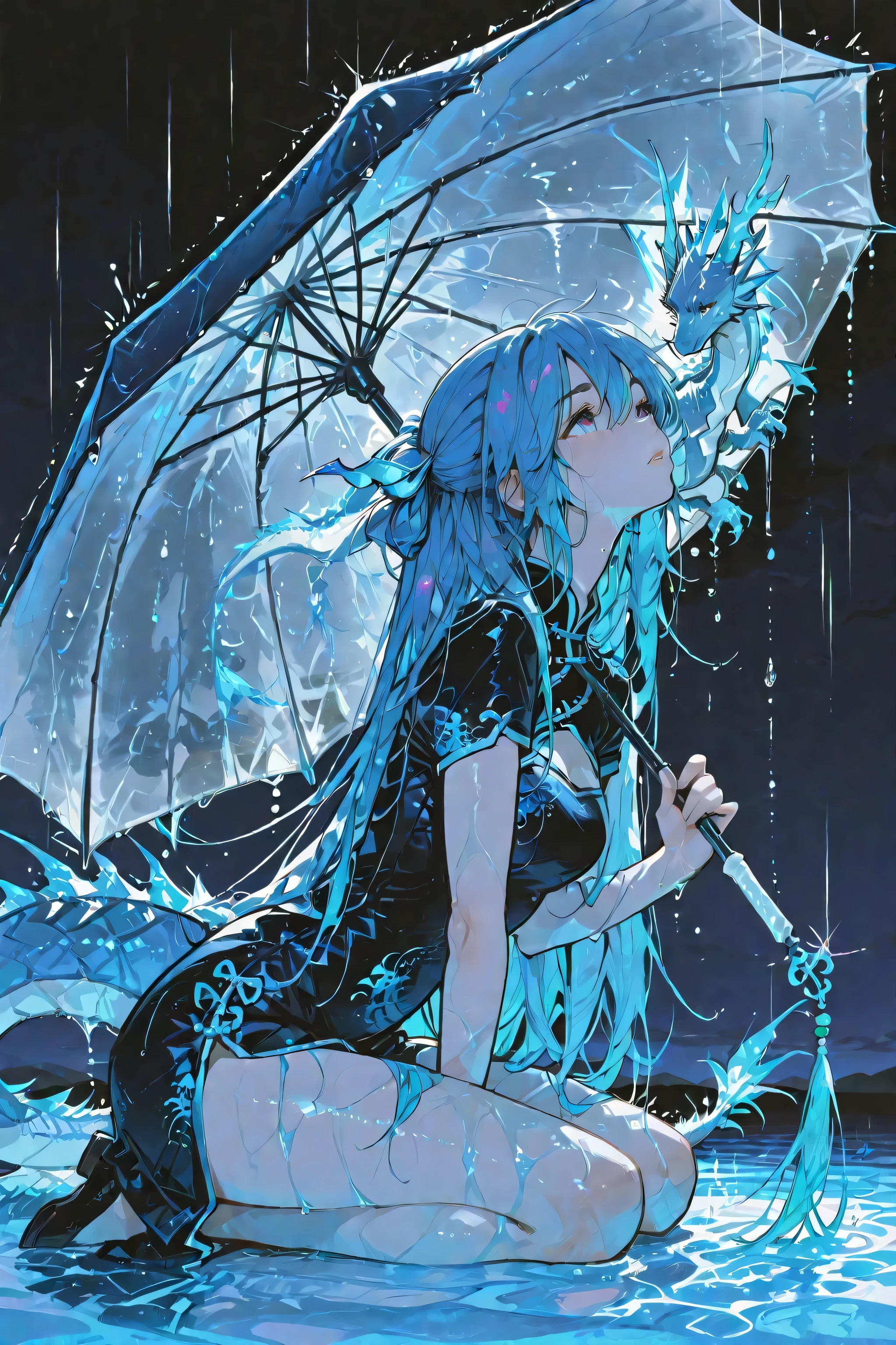 Moments of accidental exposure, Side-view eye-level, seiza, (kneeling), hand between legs, bent over, leaning forward, She looks up to heaven and prays, Reserve the upper right quadrant as a vast expanse of sky for compositing atmospheric effects, A close-up her face—soft tear glinting brows raised lips parted in whispered longing—to emphasize her earnest plea, Soft rim lighting sculpts her silhouette against a transparent background, Half-body three-quarter view eye-level portrait of a stunningly beautiful female weather forecaster in a deep navy dragon-scale cheongsam and matching cape, Her silvery-blue hair flows like mist eyes calm with a serene glint, In her right hand she holds a translucent dragon-wing umbrella dripping crystal raindrops, A small summoned dragon floats in front of her, She makes eye contact with dragons, Add layered semi-transparent rain streaks and water ripple textures in the background, Downpour shaking in the middle of the night