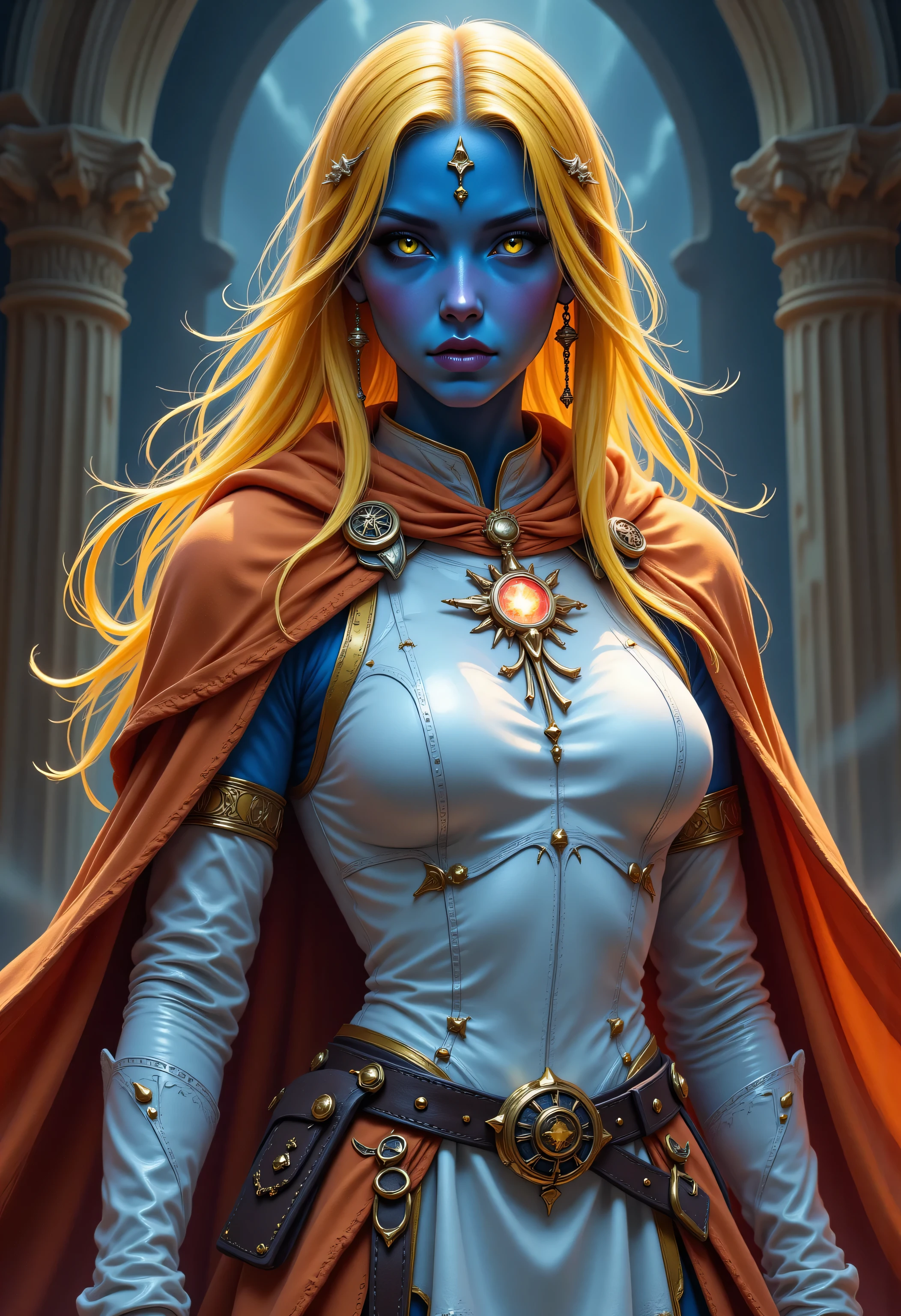 zavy-ctcmcs,FntsyPstlCE style,Colorful,portrait of a female cleric, dark blue skin,  exquisite beauty , cleric , female , yellow hair , long hair , (((no ears: 1 . 5))) , green eyes , armed with a fiery sword red fire , wearing twilight priestly combat vestments, wearing white armor , wearing high heeled laced boots , wearing white armor , wearing an orange cloak , wearing glowing holy symbol , fantasy art , dnd art , RPG art , wide shot , masterpiece, intense details , highly detailed , photorealistic , best quality , highres , within fantasy temple background , reflection light , high details , best quality , 16k , [ultra detailed] , masterpiece , best quality , (extremely detailed) , close up , ultra wide shot , photorealistic , RAW , fantasy art , dnd art , fantasy art , realistic art , ((best quality)) , ((masterpiece)) , (detailed) , perfect face , strapless , lace up stilettos , fantasy , Cinematic Shot , dvr-hgh-fnt , d4f4b
INFO
