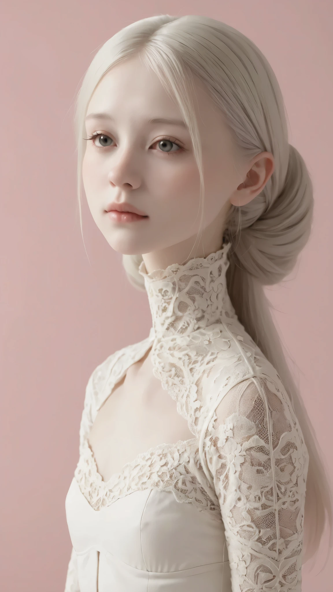 perfect anatomy, Japanese girl , Alone、To a girl from before the evening、short head:1.7, albino skin, grey hair, straight long hair , light brown eyes, high neck lace fabric, white clothes, artistic, bright pink background facing down