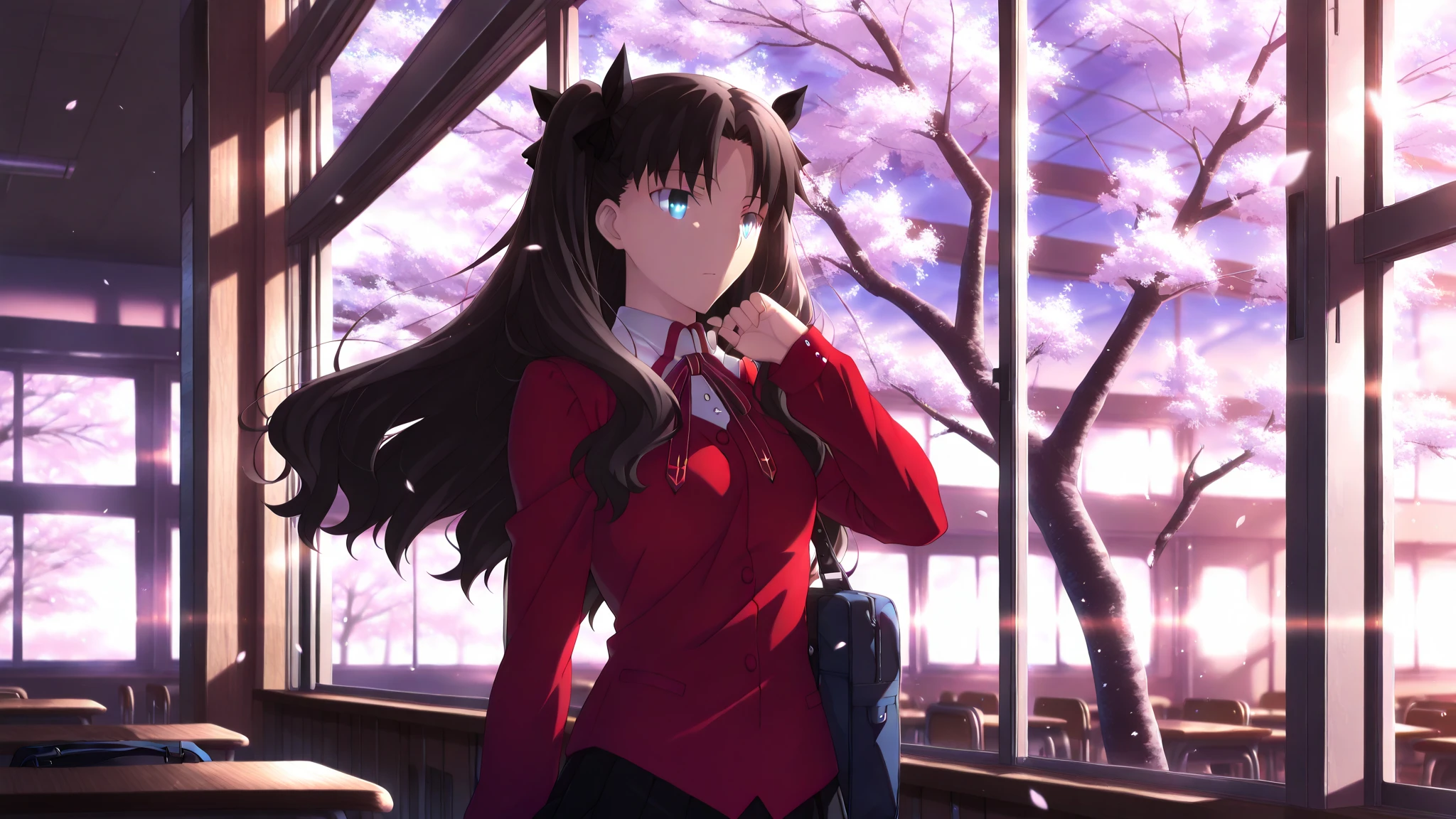 Tohsaka Rin, Volumetric Lighting, Best Shadows, Shallow Depth of Field, Portrait Of Stunningly Beautiful Girl, Delicate Beautiful Attractive Face With Alluring Sharp Blue Eyes, Sharp Eyebrows, Enjoying The Scenery, Soft Smile, Closed Mouth, Lovely Medium Breasts, Layered Long Black Two-Side Up Hair, Hair Ribbon, Blush Eyeshadow, Thick Eyelashes, Cross On The Red Turtleneck Shirt, Slim Waist, Black Short Pleated Skirt, Thigh Gap, Black Thigh-High Stockings, Late Afternoon, Sunlight Shining Through Window, Floating Dust Particles, Hallway In An Abandoned School, Pile of Debris Desks And Broken Chair, Looking Out At Window, Standing, (Highest Quality, Amazing Details:1.25), (Solo:1.3), Brilliant Colorful Paintings
