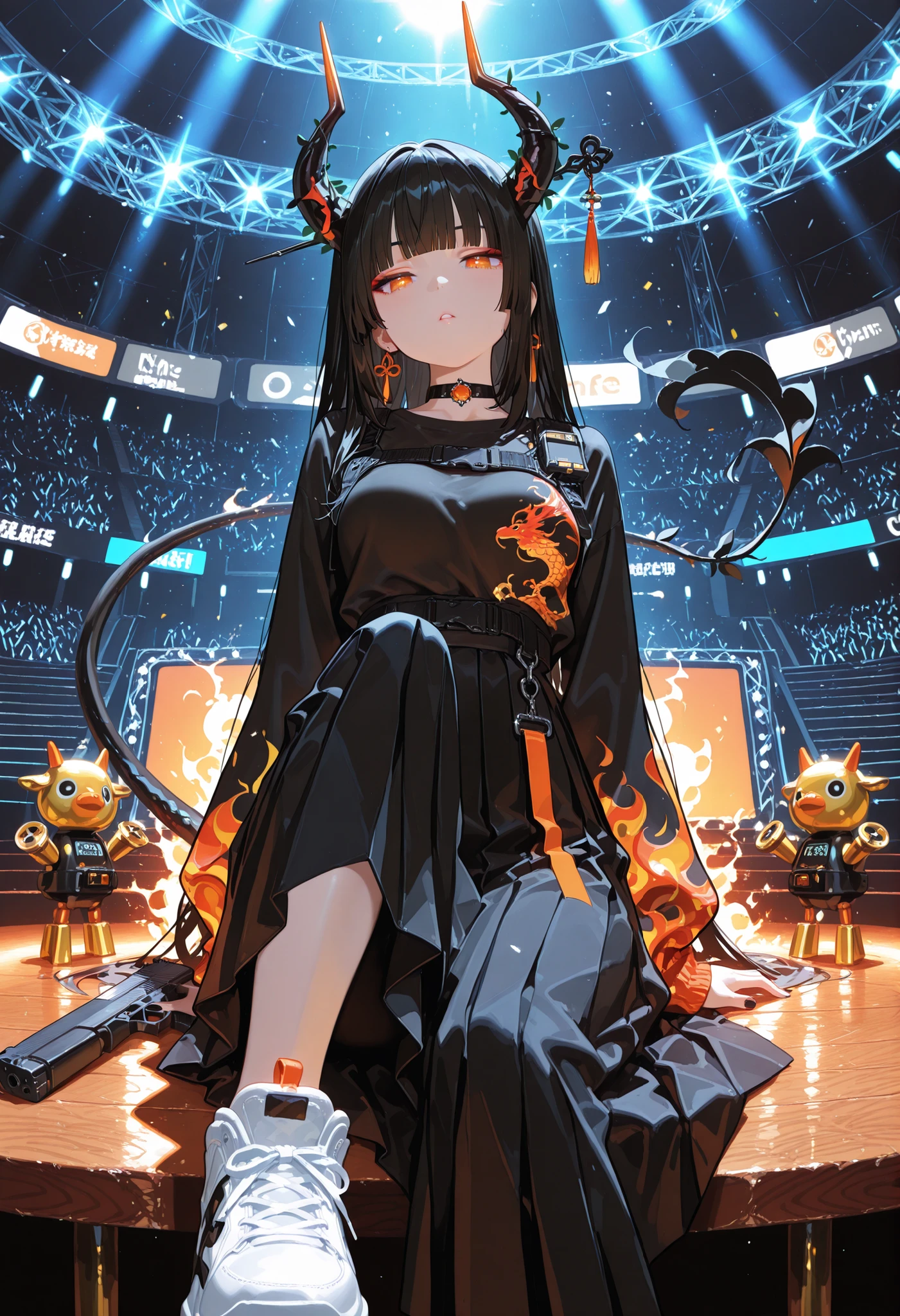 1girl, jitome(0.5), orange eyes, short black hair, blunt bangs, medium breast, black ribbon, phoenix pattern, Idol, Kpop, pleated slit long skirt, choker, black nail polish, Functional Sneakers, long tail, long horns, Masterpiece, best quality, perfect details, perfect composition, Perfect Face, perfect hand, Perfect Foot , absurdres, newest, very aesthetic, amazing quality, Highres, Film grain, cinematic, magnificent, doremi, hwansang, mx2j, looking at viewer, confident, Transcendence, Focus on the character, looking at viewer, Official Art, flowers, Oriental decoration, dynamic view, cute expression, thick outline, Glock , pistols, harness, robotic Pistol, Black vine , Thorn , lazy, energy pistol, stage, stadium, flame,