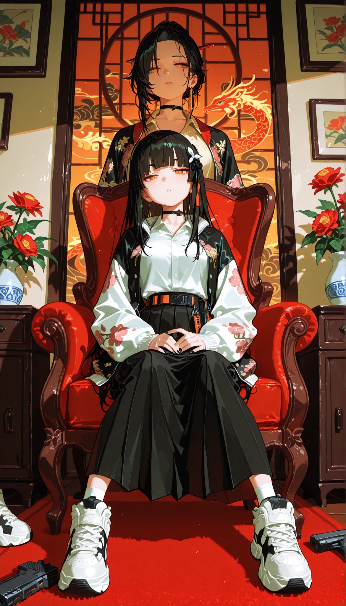 1girl, jitome(0.5), orange eyes, short black hair, blunt bangs, medium breast, black ribbon, phoenix pattern Sukajan, pleated slit long skirt, choker, black nail polish, Functional Sneakers, Masterpiece, best quality, perfect details, perfect composition, Perfect Face, perfect hand, Perfect Foot , absurdres, newest, very aesthetic, amazing quality, Highres, Film grain, cinematic, magnificent, doremi, hwansang, mx2j, looking at viewer, confident, Transcendence, Focus on the character, looking at viewer, Official Art, flowers, Oriental decoration, dynamic view, cute expression, thick outline, Glock , pistols, harness, robotic Pistol, Black vine , Thorn , lazy, energy pistol, mafia, noir, Sanhehui, Chinese Mafia, agent, killer,