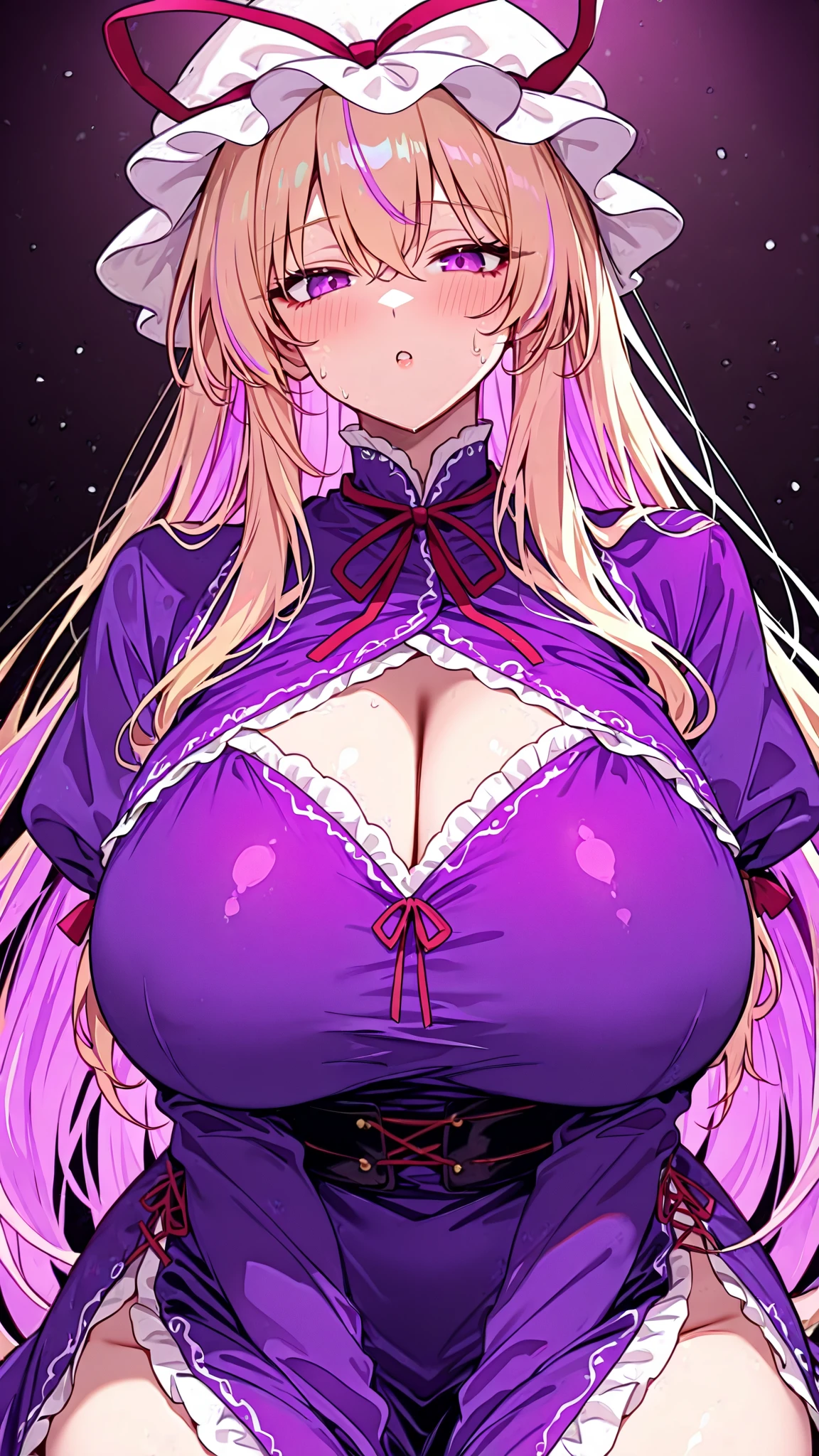 ((????))((excessive ???))((????????????????))((spread ?????))((??????, blush, sweat, open mouth, rolling eyes, tears, tongue out,))(((????????????????))),(((????????????????)))((????))(((((???????????))))) (((Huge ???????))), ((Clothed)), (((Pointed ???????))(Large ??????)) Beautiful woman with blonde hair and dark eyes behind the bookshelf, one girl, solo, long hair, T-back, ?????????????, looking at the viewer, ???????,