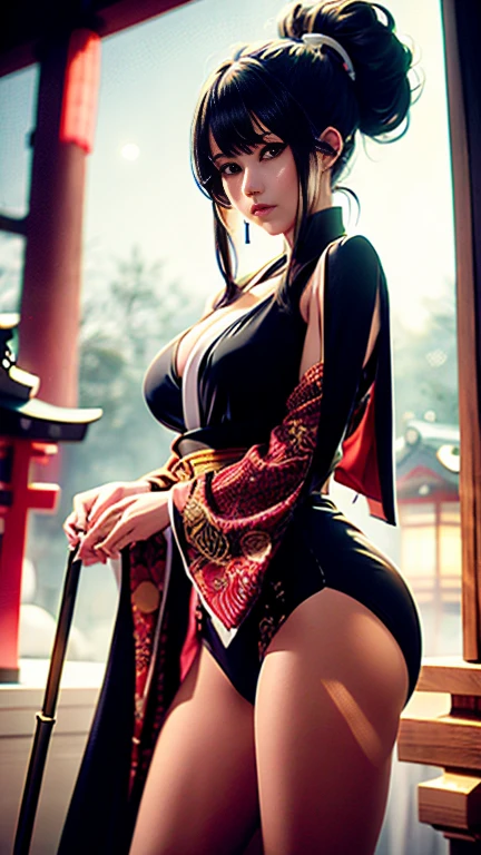 (masterpiece), (best quality), AIYANA, in modernized short miko-style kimono, standing by canal with neon reflections, seductive look with hand on lips, chest spilling from top, legs in confident stance
