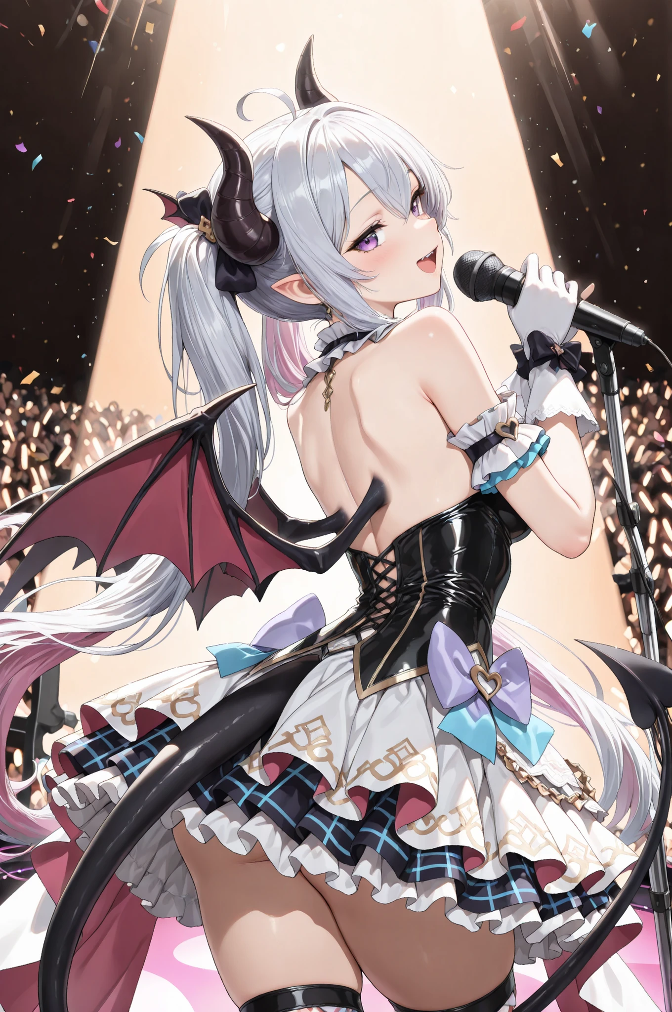 ((Best quality, 8k, Masterpiece: 1.3)), ((best quality)), ((masterpiece)), (detailed), A devil girl. She has goat horns and a pale face. Her hair is long and purple. She has bat wings on her back. ((A thin black tail that ends in an arrowhead)). She is wearing the costume of a Japanese idol group. She stands on stage, singing and dancing as a super popular devil idol. She is bathed in a rainbow spotlight. The cheers and enthusiasm of the people around her are overwhelming.