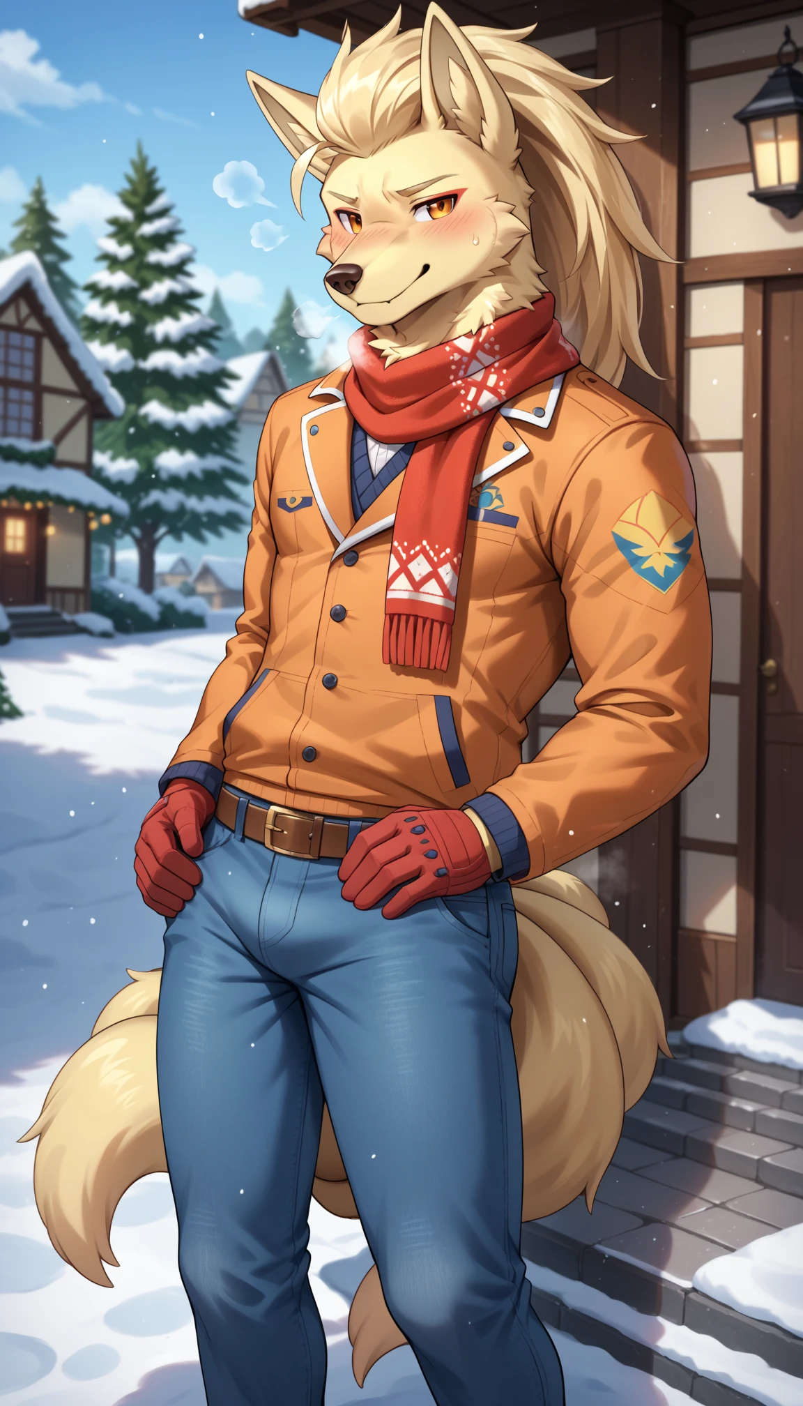 owen lorelei, muscular male, purple eyes, smile, (pose:1.3), (posing:1.3), (soft shading), 4k, hi res, ((detailed face(mad), detailed)), (full body), by zackarry911, by zaush, (by personalami:0.5), jacket, brown jacket, white sleeves, ??????????, ????, big long ?????(harden),((5 inch long)),((25 inch wide)), big ?????,POV