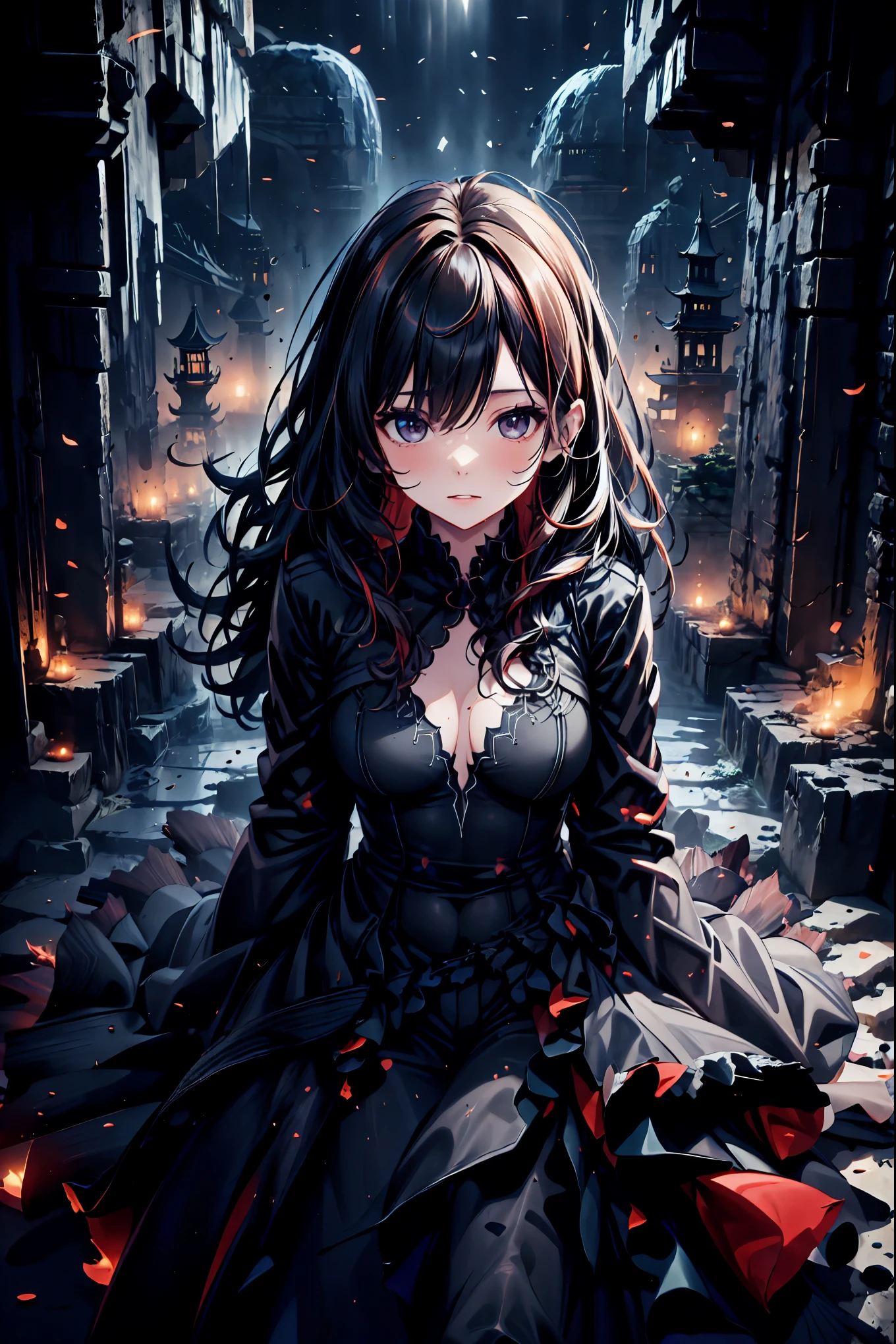 The World of Vampires,Family of Vampires,Crimson Night、Shadows ,Detailed Photorealistic Portraits,bust shot,cowboy shot in a dirty abandoned house,gem,black tiara,pale face,Inflammation,delicate texture,Realistic composition,Dynamic Perspective,Dark Gothic Atmosphere,Medieval Europe, ANCIENT CITY,meteor、空から降り注ぐmeteor、無数のmeteor群,I can see the fangs,1 woman,Heavy texture ,amazing lighting,Deep Shadows ,Using Dark and Delicate Colors,painterly texture,high resolution,4K Digital Art,realistic textures,Professional,EXTREME DETAILS,vivid color,Bokeh